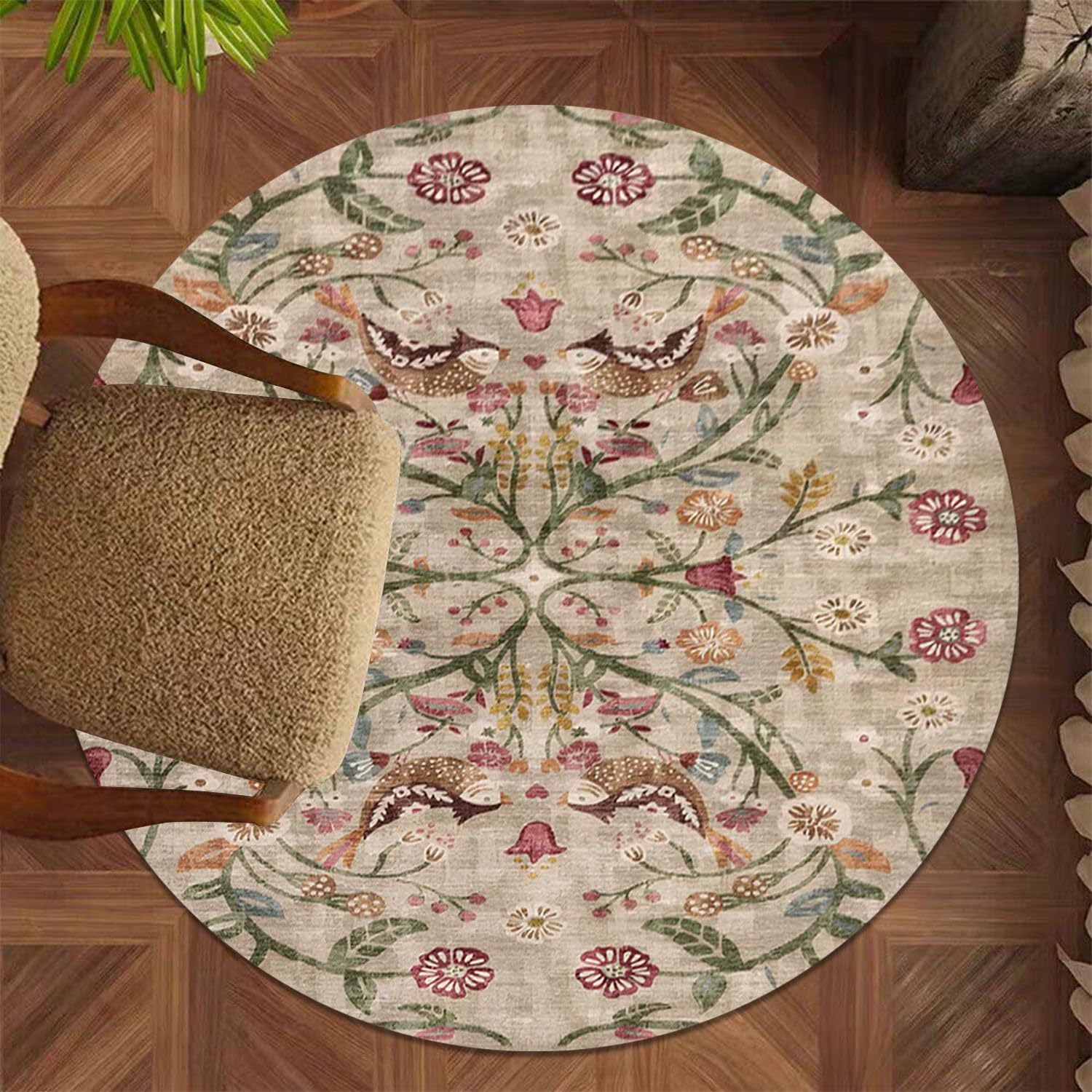 Vintage Beige Bird & Floral 44" Round Area Rug - Retro Boho Circle Carpet for Bedroom, Hotel & Living Room, Low-Pile Plush Stain-Resistant Non-Slip