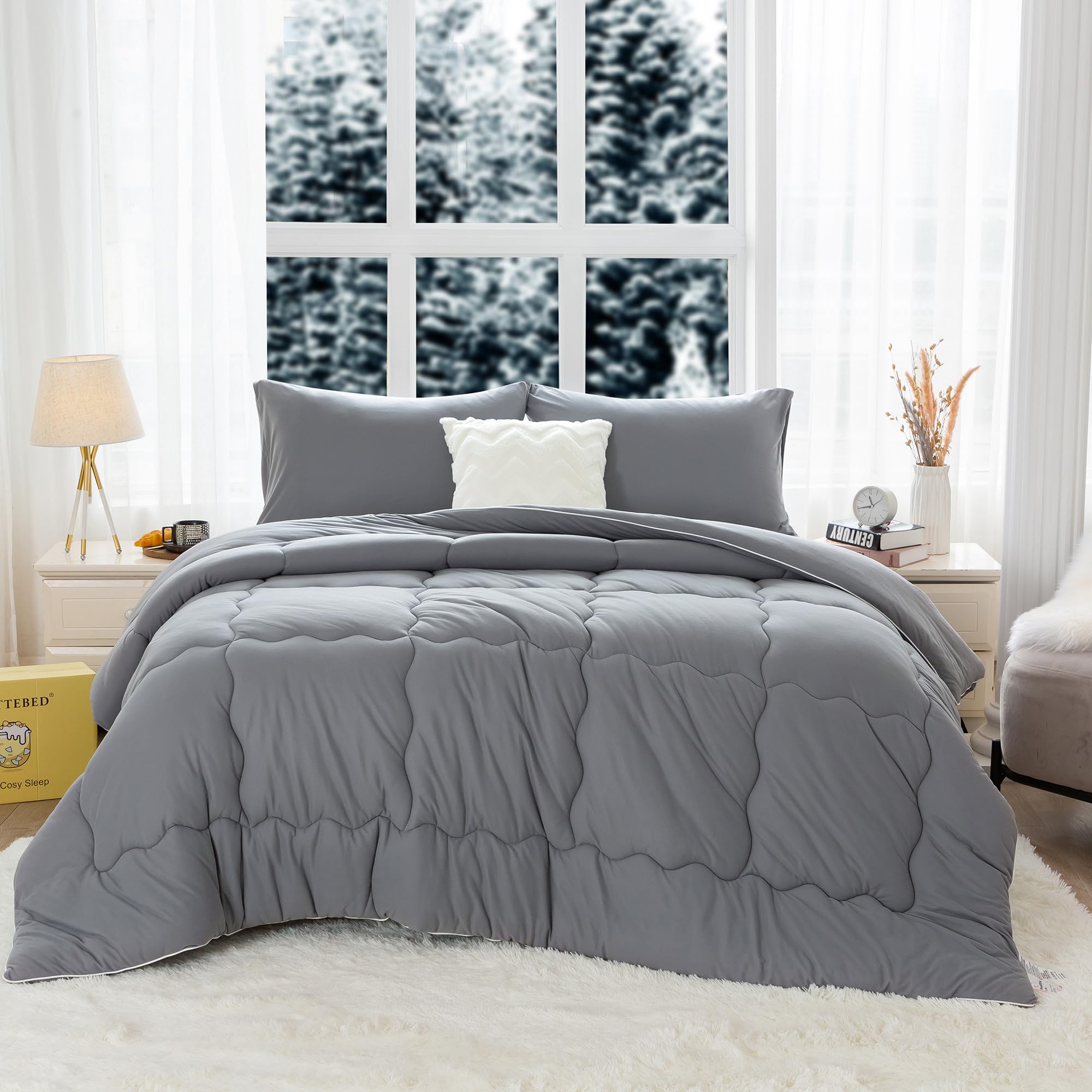 COTTEBEDUltra-Soft Winter Comforter Set Queen/Full Size Bed, Square Quilted Pattern Lightweight but Warm Milk Cup Breathable Fluffy Bedding Down Alternative & Pillowcase for Man Women Gifts,Dark Grey