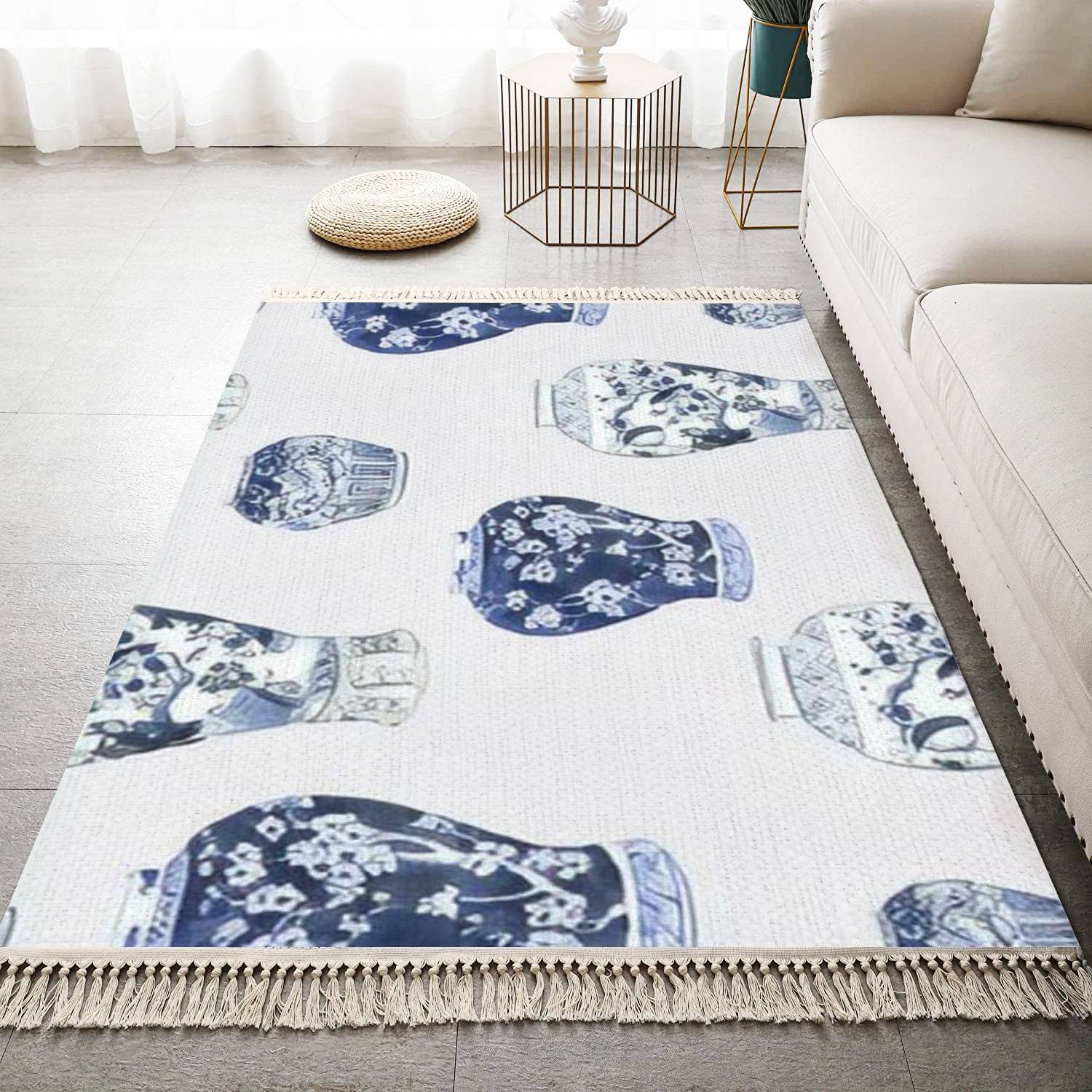 Boho Kid Bedroom Playroom Nursery Area Rugs Seamless Drawn Watercolor Chinese Blue White Ginger Jars Big Tassels Carpet Patio Hallway Runner Mat Pad Home Decor Living Room Indoor Outdoor