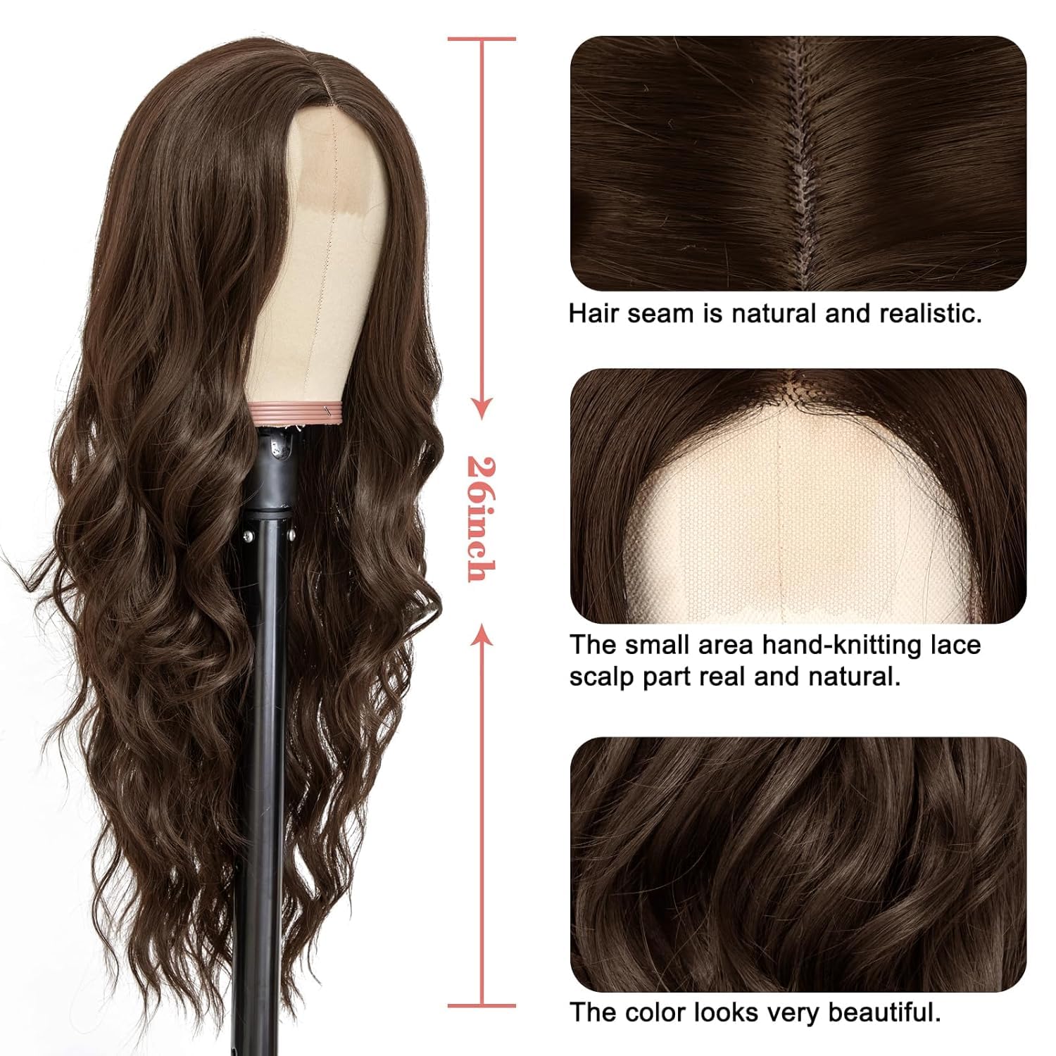 PORSMEER Long Dark Brown Wavy Wig for Women 26 Inch Lace Middle Part Curly Natural Looking Synthetic Heat Resistant Fiber for Daily Party Use - Image 3