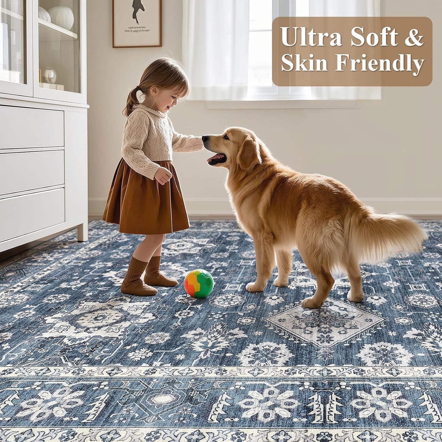 9x12 Area Rug for Living Room, Washable Vintage Pattern, Non-Slip Stain Resistant Soft Durable Floor Rug for Bedroom & Dining Room - (Blue) image 3