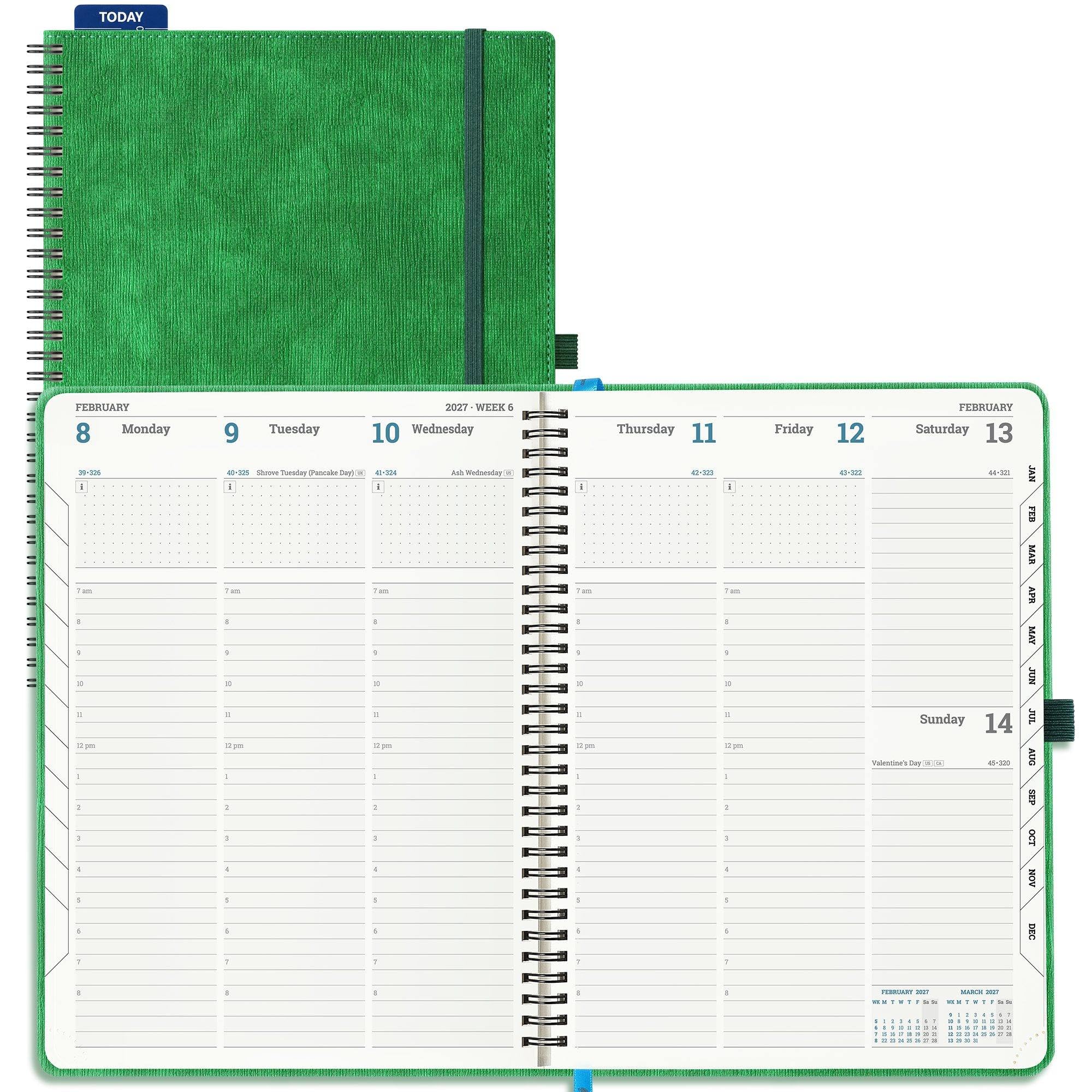 IN-LUXPRO 2027 Diary: Large A4 Week to View (29x21.5 cm) 12 Months (Jan.- Dec.) Vertical Weekly Appointment Spiral Softcover Planner with Timeslots, Inner Pocket, 100GSM Paper, PU Leather Green