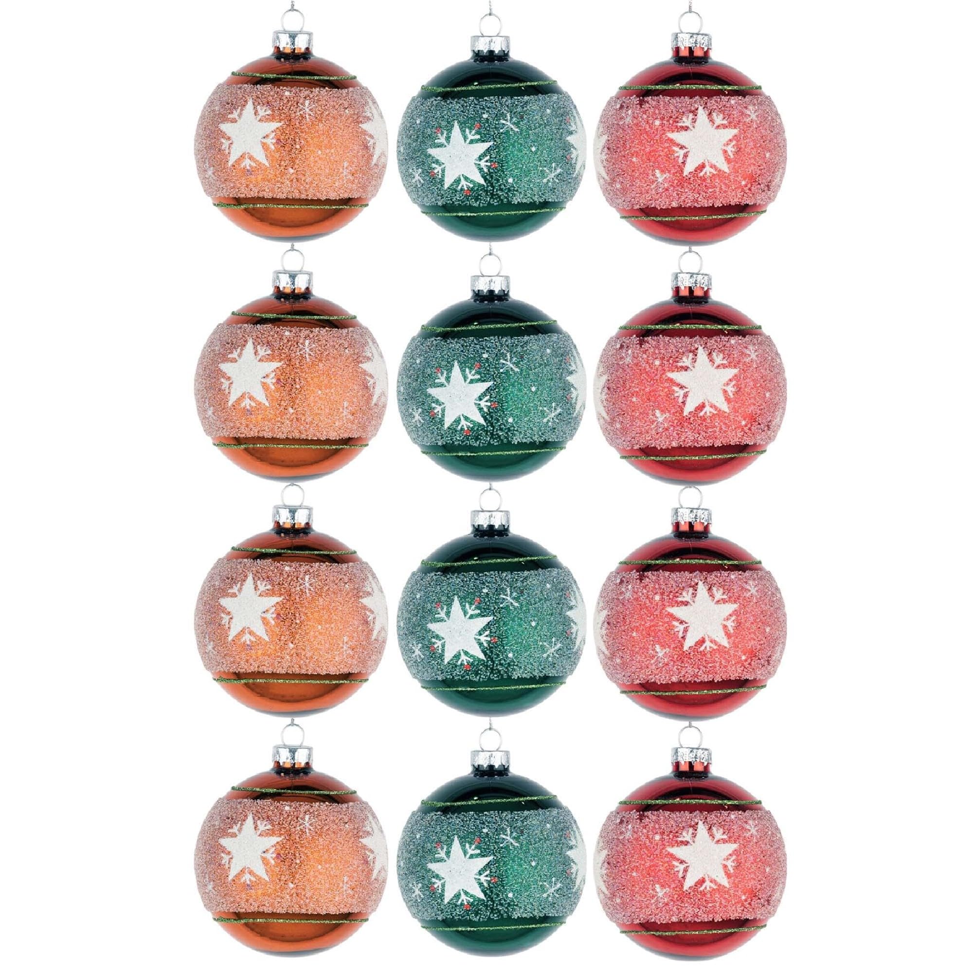 12Pcs/80mm Glass Baubles Christmas Tree Balls Spheres Hanging Ornaments Set Assorted Designs Xmas Tree Decorations