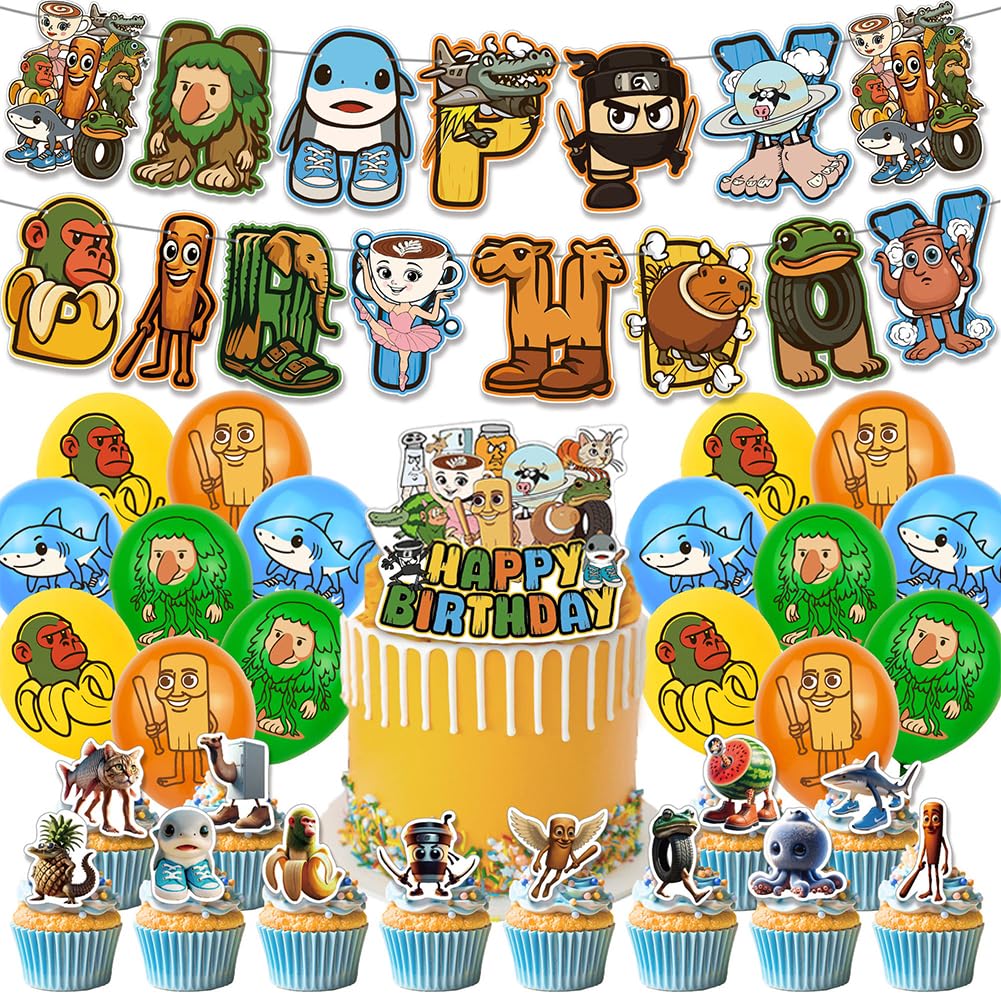 Brainrot Animals Birthday Party Decoration - Tung Tung Tung Sahur Decorations Theme, Banner, Balloon, Cupcake Toppers Party Decorations Supplies