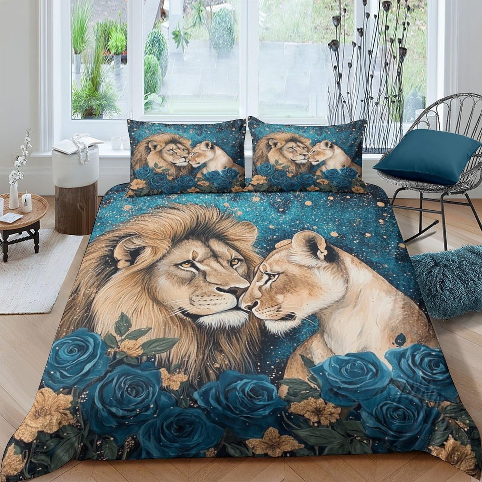 Ctjqhvkz Style-7 3D Printed Lion And Rose Fitted Sheet Microfiber Soft Blue Gold Bed Sheet For Bedroom Guest Room Decor Single（135X200cm）