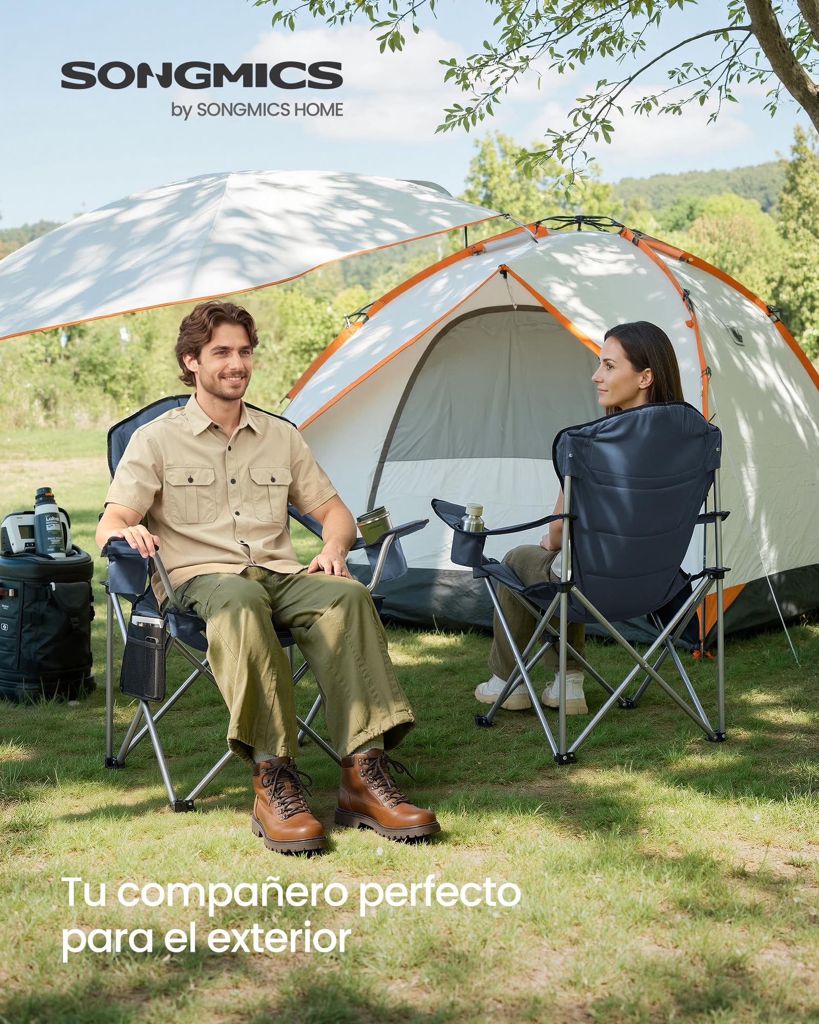 SONGMICS Silla de Camping, Silla Plegable y Portátil con Asiento Amplio, Respaldo Alto, con Portavasos, Soporte para Móvil, Organizador de Tela, Azul y Gris GCB005QE01