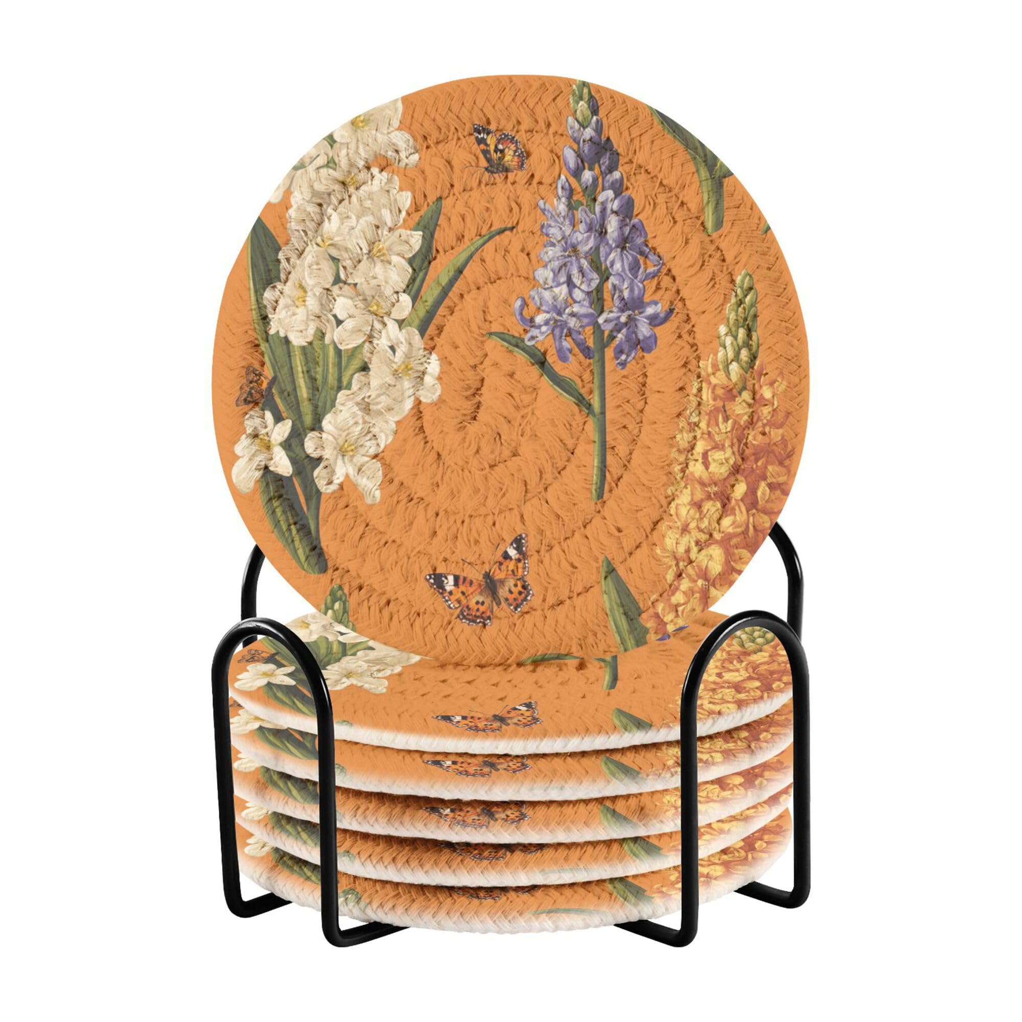 Rustic Hyacinths Orange Cotton Rope Drink Coasters Absorbent Set of 6 with Holder Absorbant Coasters