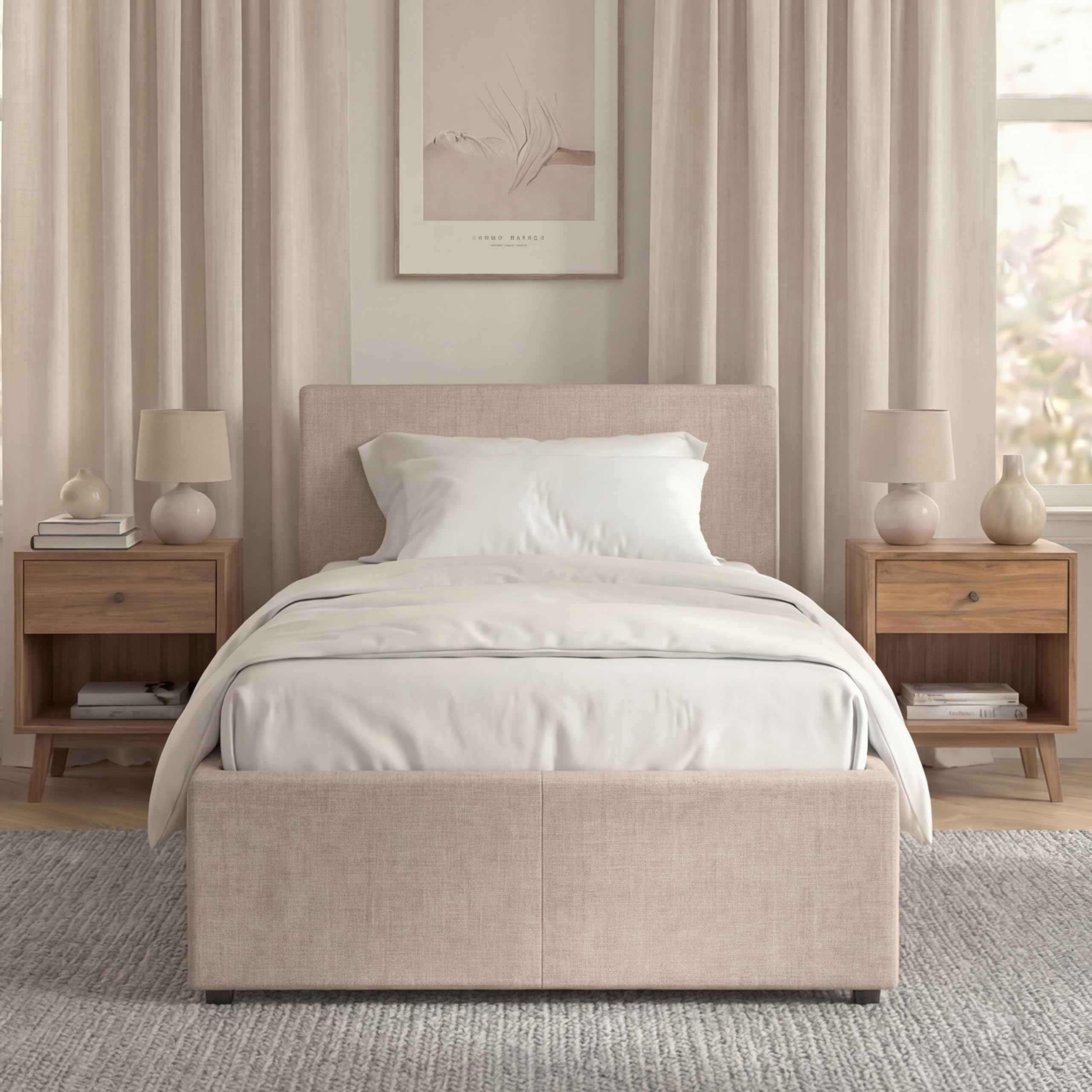 Vida Designs Veronica Single Ottoman Bed Frame | Beige Linen | Upholstered Fabric | 3ft | Gas-Lift End Opening | Under-Bed Storage Space, Slatted Bed Base | Bedroom Furniture