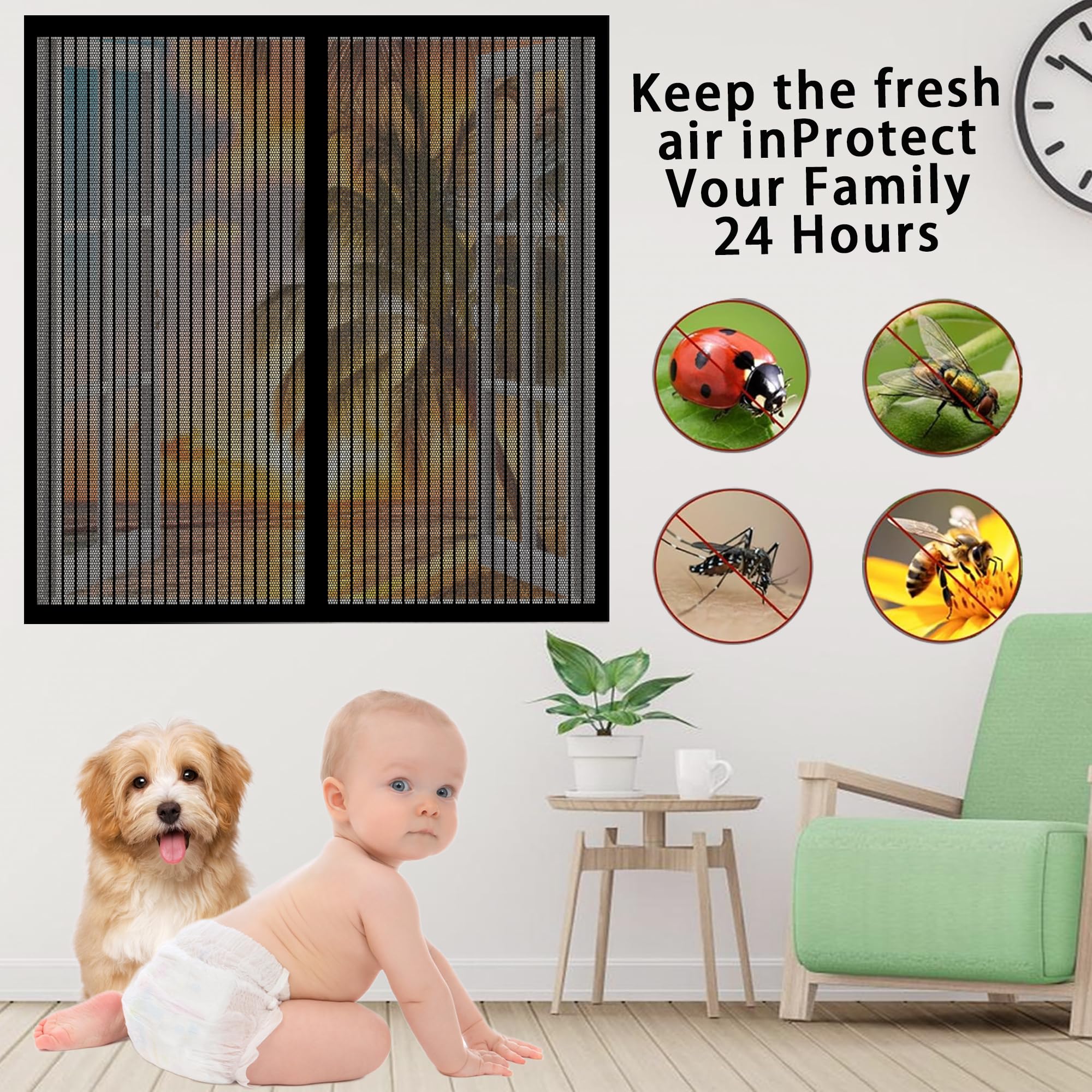 Fliegengitter Fenster 199 x 228 cm Insektenschutz Fenster Magnet Fliegenvorhang Ohne Bohren Atmungsaktiv Selbstschließend für Alle Bis, Weiß