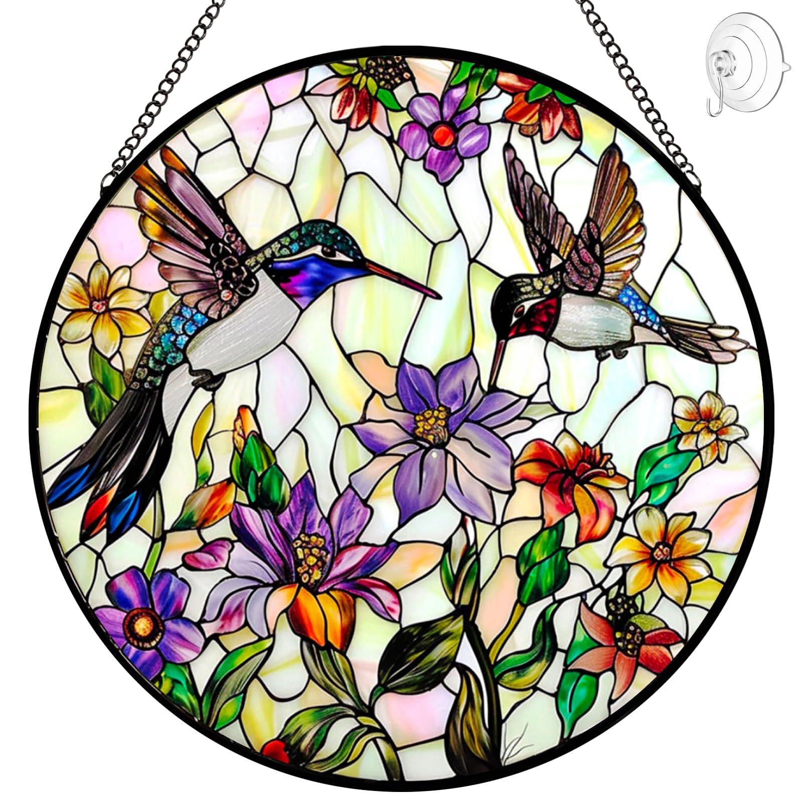 Kolibri-Sonnenfänger, Buntglas-Fensteraufhängung, Wildblumen- und Vogel-Sonnenfänger für Fenster, Buntglas-Sonnenfänger – Sonnenfänger für den Innenbereich, Wandkunst, Heimdekoration, Geschenk für