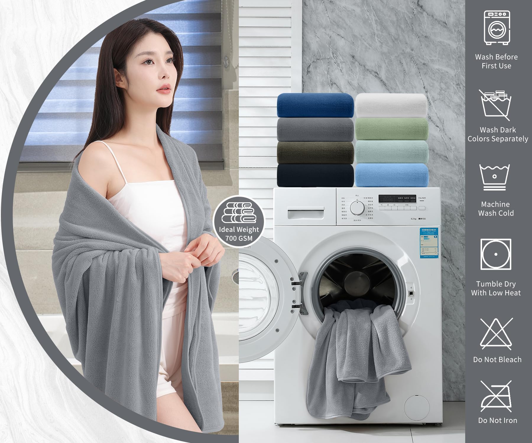 Lot de 4 draps de Bain Extra Larges (88,9 x 177,8 cm) – Serviette de Bain surdimensionnée Ultra Douce pour Salle de Bain et hôtel, Peluche très absorbante à séchage Rapide, pour Adultes, Gris