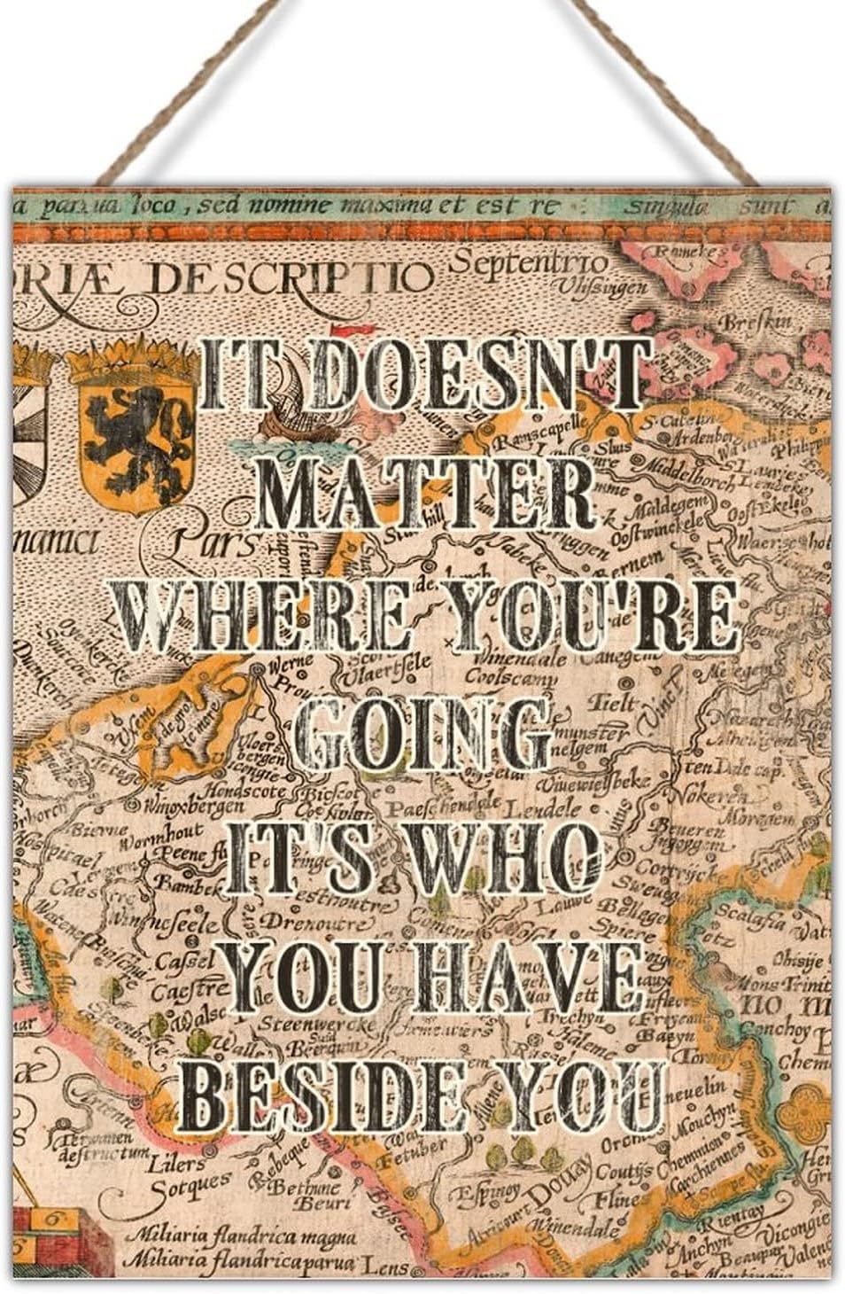 It Doesn't Matter Where You're Going Wood Wall Art Plaque Antique Maps of The World Wood Sign Farmhouse Rustic Wooden Door Hanging Signs for Game Room Playroom 18x24in