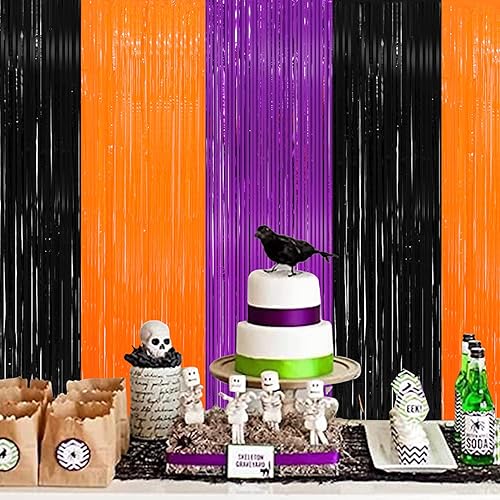 Miniatura 7 de Paquete de 3 cortinas de flecos de papel de aluminio de oropel negro y naranja de Halloween de 8 x 9.84 pies, cortinas de telón de fondo negro y