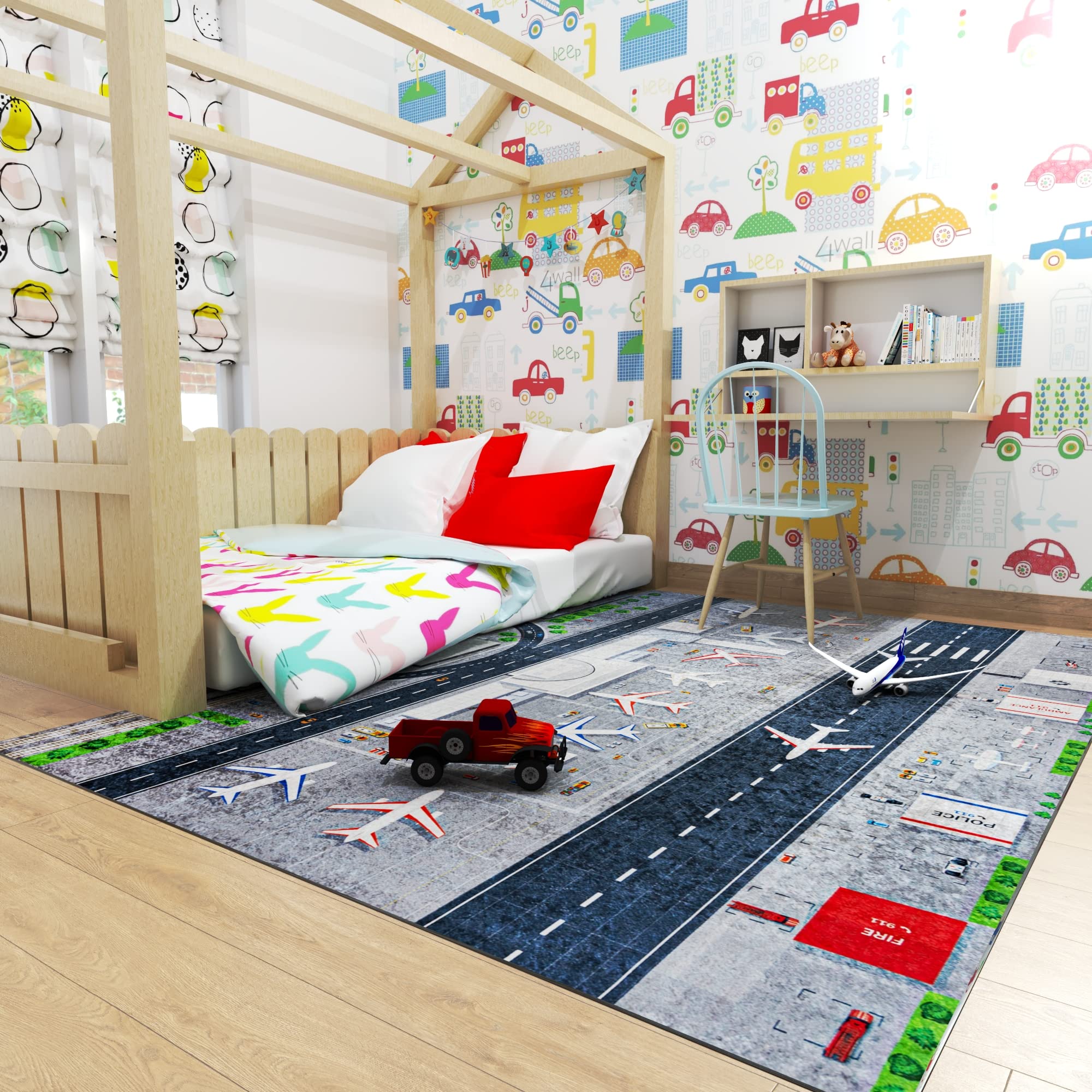 Mazovia Kinderzimmerteppich Antirutsch - Waschbar bis 30 Grad - Spielteppich Flugzeuge Flughafen - Kurzflor Kinderteppich für Kinderzimmer - ÖKO-TEX Zertifiziert - Grau 120 x 170 cm