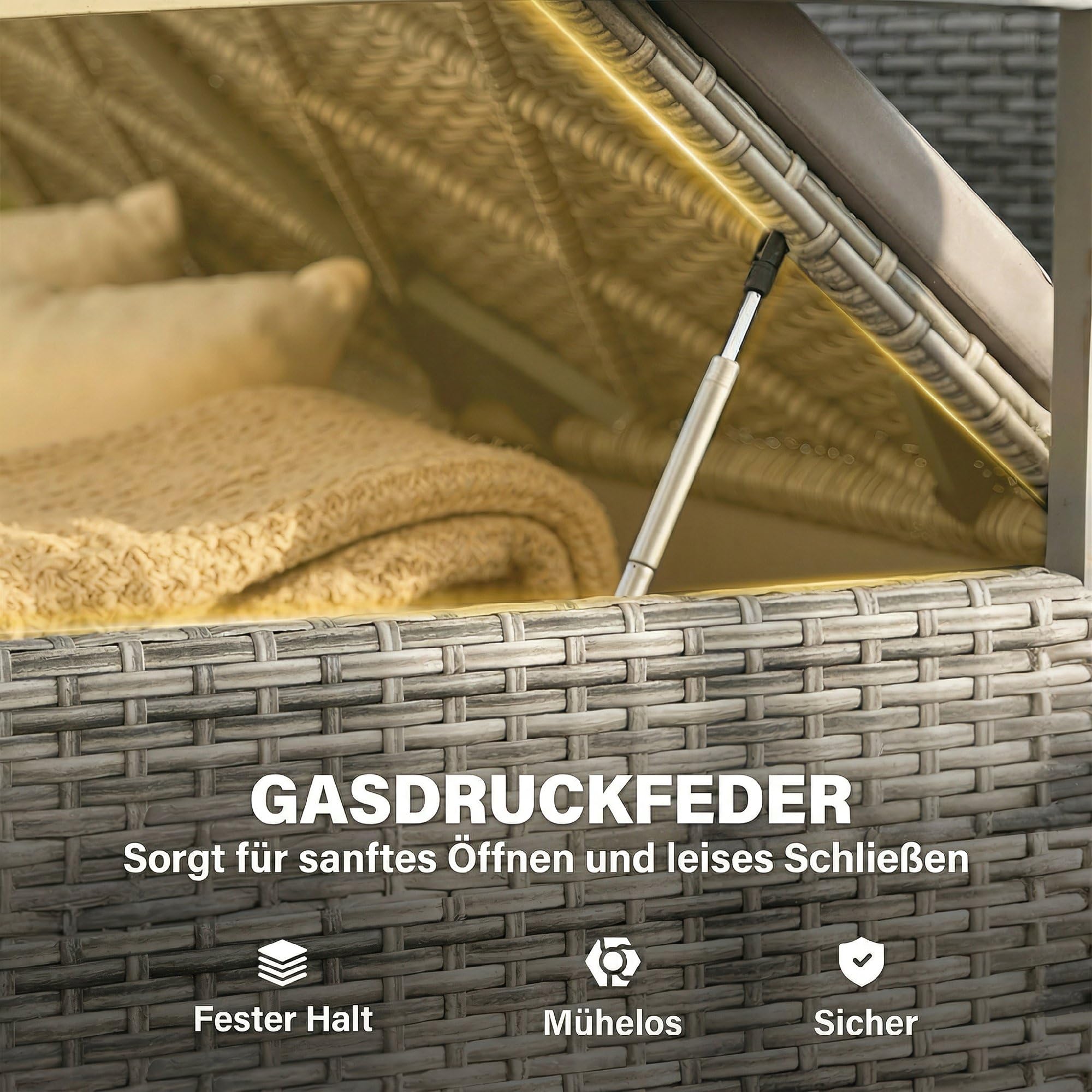 Outsunny Gartenbank Polyrattan 170L 2-Sitzer Sitzbank mit Stauraum abnehmbar Kissen Reißverschluss-Innenauskleidung Akazienholz-Armlehnen, Wetterfest Truhenbank für Werkzeuge Sitzkissen Hellgrau