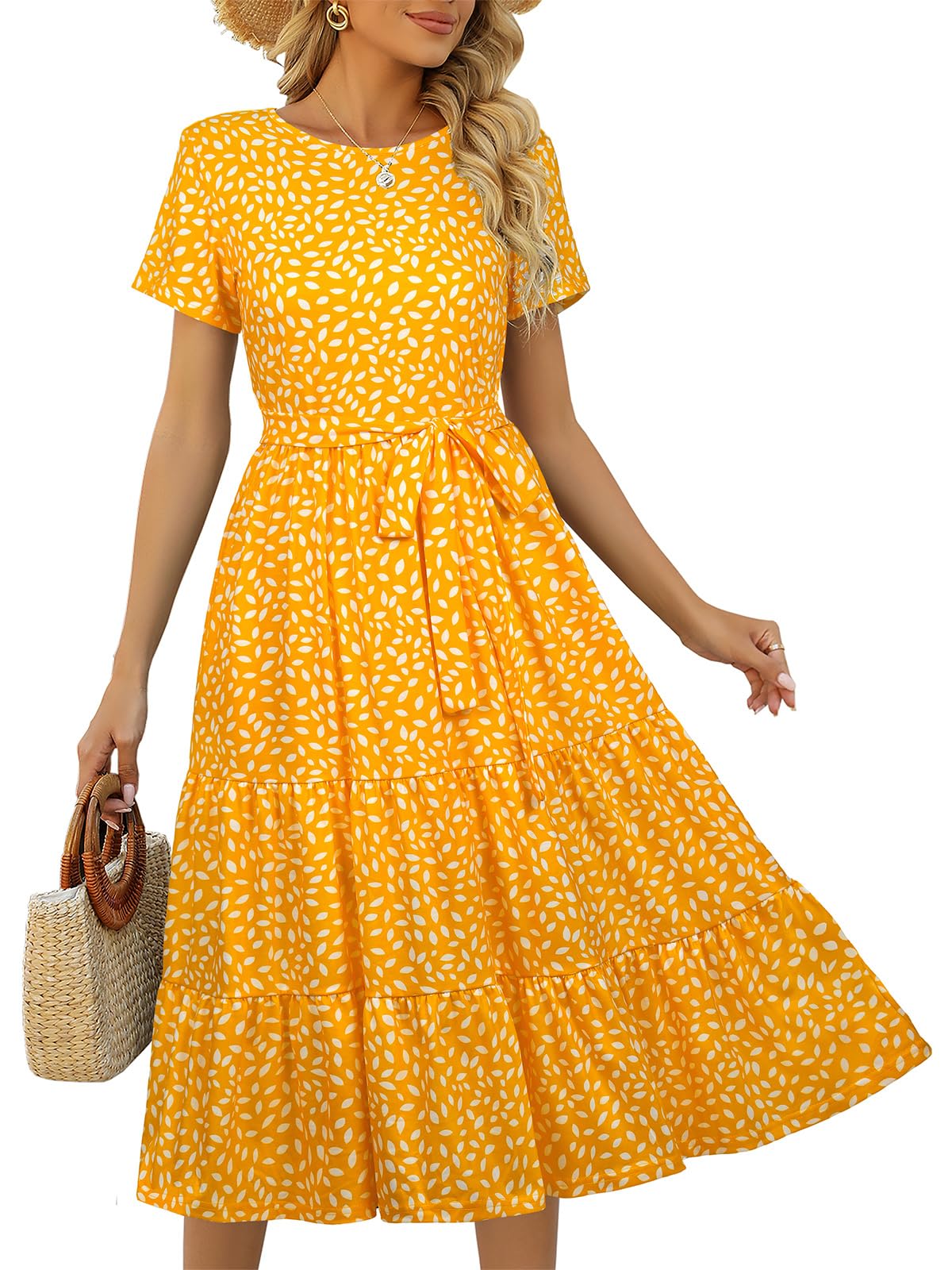 Lyrur Casual Dresses for Women 2026 Tiered Dress with Pockets Yellow Floral M 9191