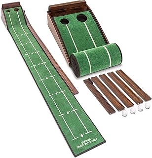 GoSports Pure Putt Golf 9 ft Putting Green Ramp - Premium Wood Training Aid for Home & Office Putting Practice, Includes 9 ft Putting Green and 4 Golf Balls,Brown