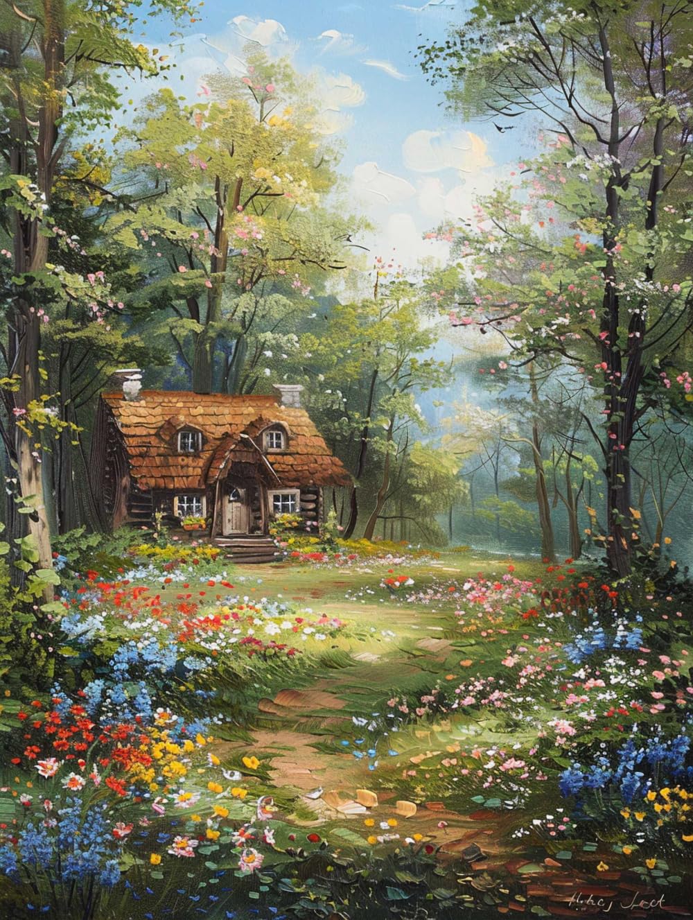 Juego De Bordado De Cuentas Diy,Kit De Bordado De Cuentas De Cabaña De Campo,Bosque De Flores,Patrón De Cuentas De Punto De Cruz Con Cuentas,Juego De Perlas 3D Para Colgar En La Pared Diy 40x50cm