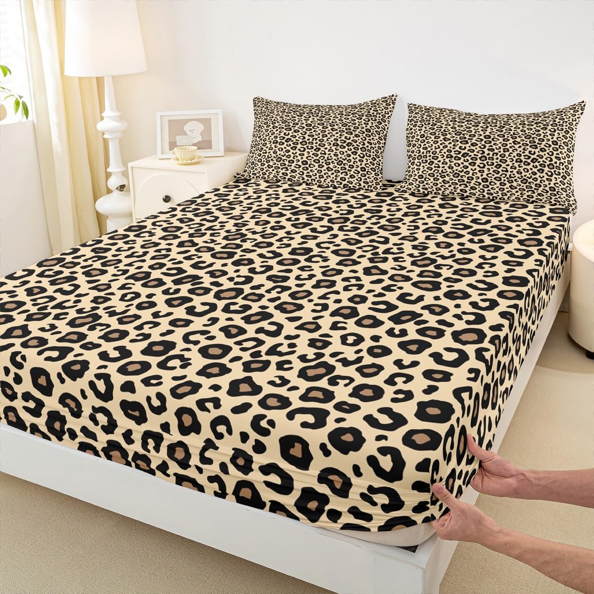 Brown Leopard Fur Pattern Fitted Sheet,African Cheetah Wildlife Skin Sheet Set for Adults Ultra Soft Room Gift,Leopard Print Bedding Set with 2
