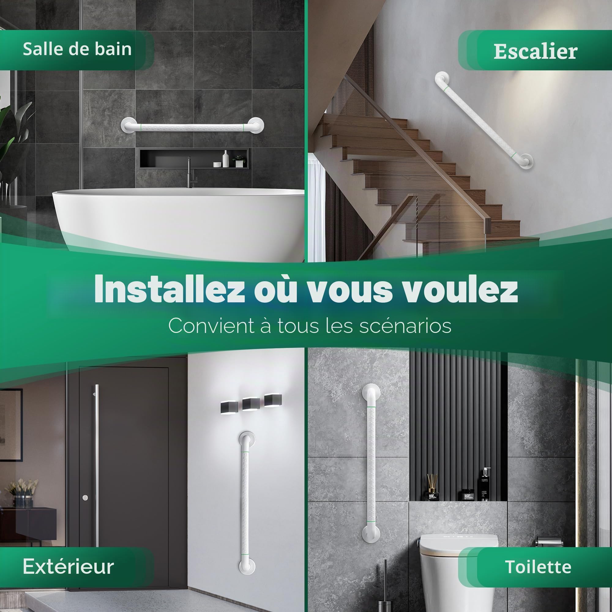 Fanwer 2 Pack Anti Bathroom Grab Rail,Rail de main de douche en acier inoxydable blanc,Support de rail de main de sécurité pour personnes âgées, enfants et handicapés (24 pouces)