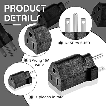 Flutesan 1 Piece 6-15p to 5-15r Us Plug Adapter, 3 Prong 15 Amp
