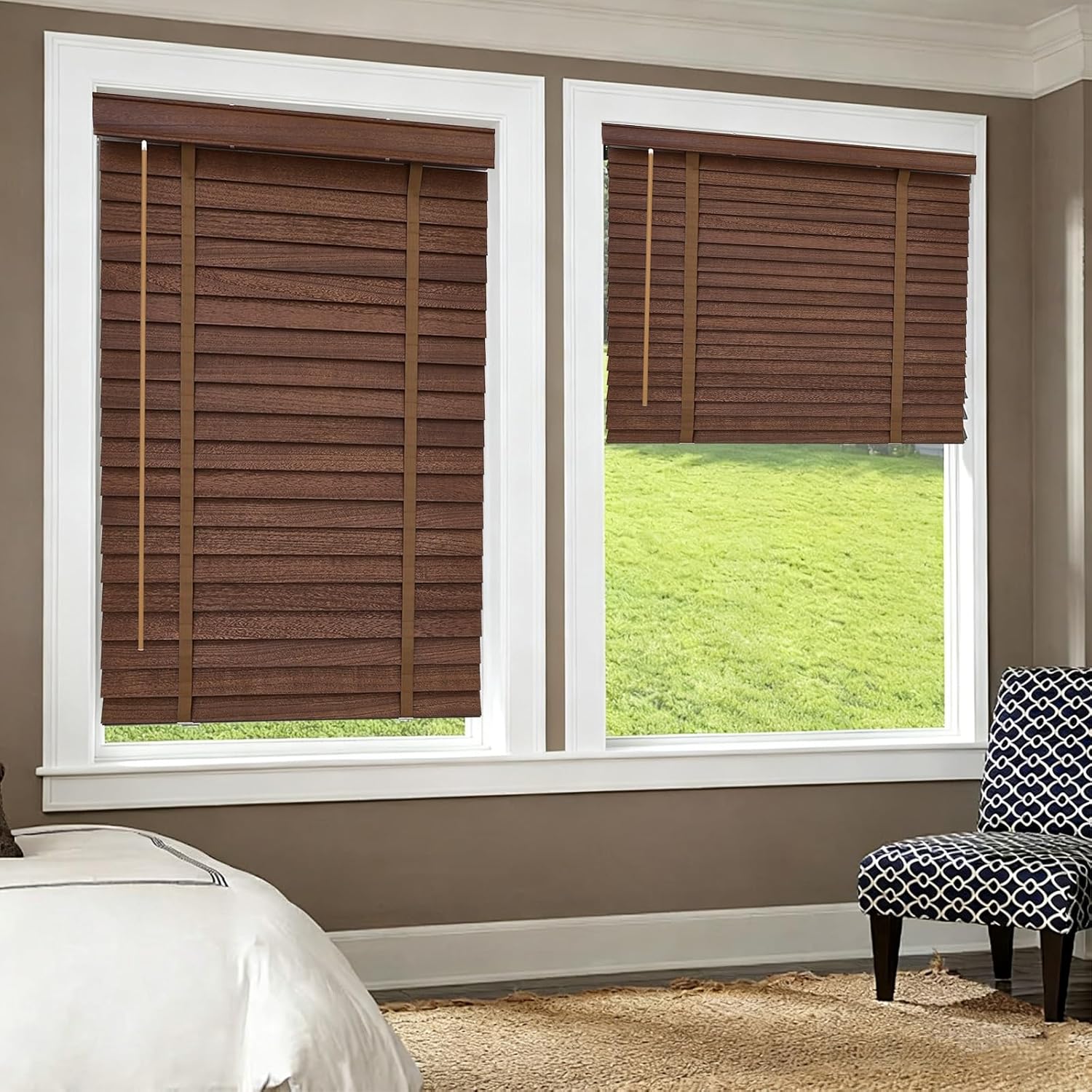 Custom 15~72" Width Cordless Wooden Blinds Horizontal Blinds for Indoor Windows 2" Slats Faux Wood Blind & Shades for Room Darkening, Bedroom, Bathroom, Living Room(Dark Walnut)