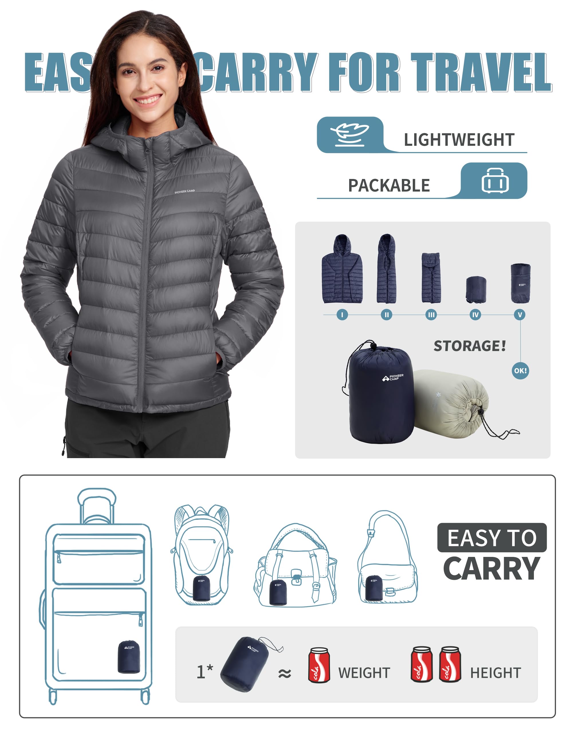 Pioneer Camp Piumino invernale da donna, ripiegabile, leggero, idrorepellente, trapuntato, con cappuccio