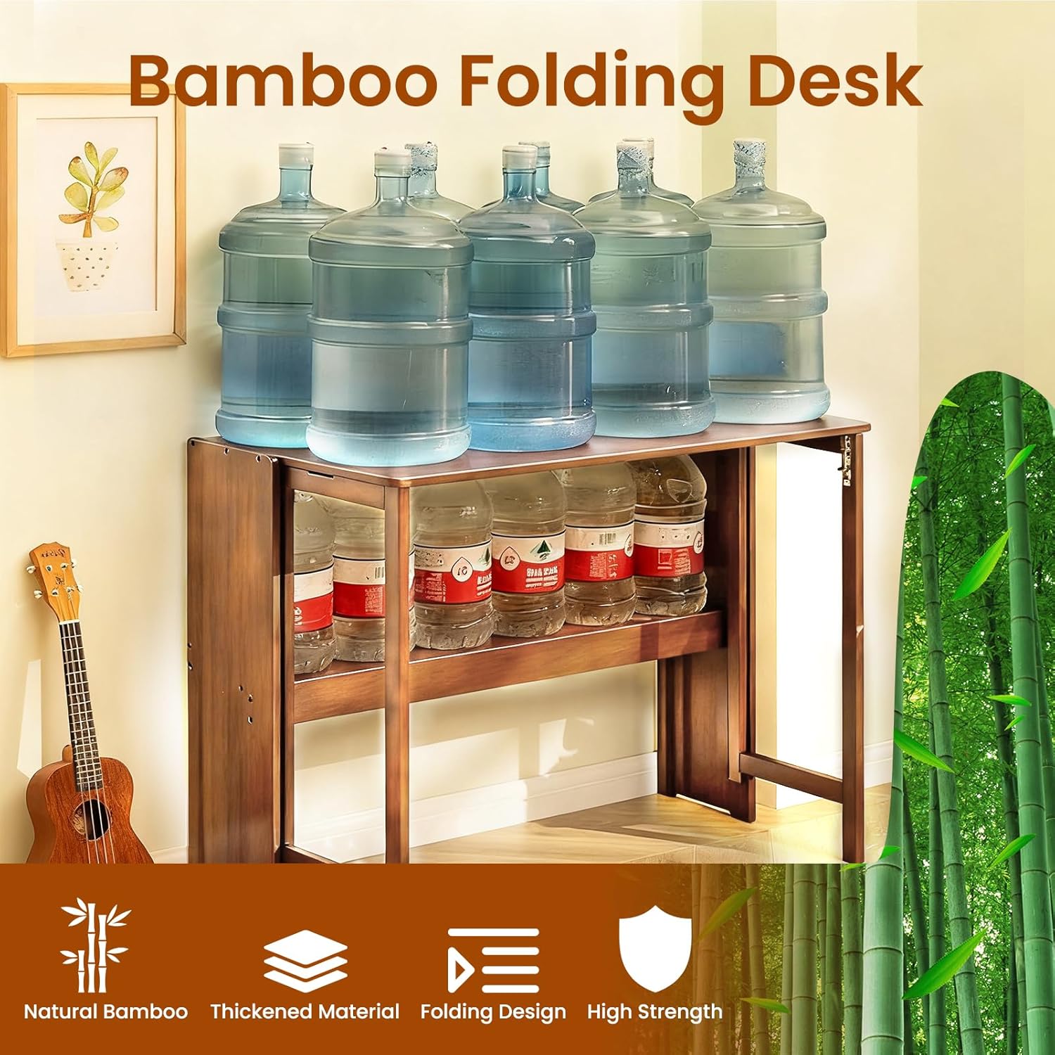 41" Bamboo Folding Desk with Bookshelf, Folding Bamboo Desk for Small Spaces, Computer Table Space Saving, Wooden Desks for Home Bedroom Study Office Bamboos Writing Desks, Brown