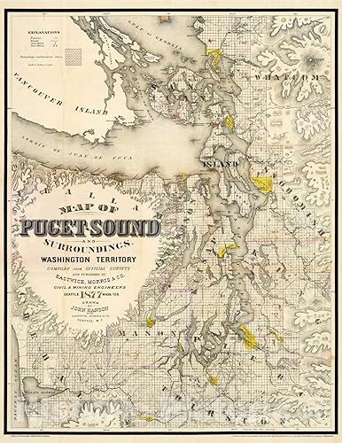Mapa histórico - Mapa de sonido y alrededores de Puget, Territorio de Washington, 1877 - Arte de pared vintage - 18 x 24 pulgadas