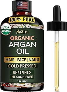 Organic Moroccan Argan Oil - 100% Pure Cold-Pressed USDA Certified Unrefined – for Hair, Face & Skin – 4 Fl Oz Glass Bottle USDA Organic