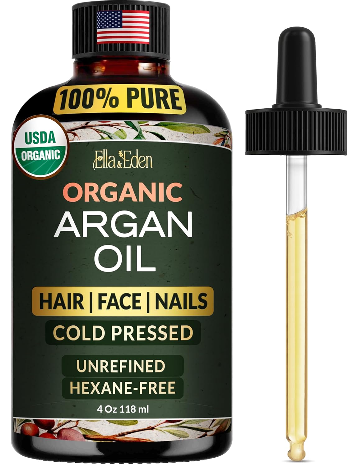 Ella & Eden Organic Moroccan Argan Oil - 100% Pure Cold-Pressed USDA Certified Unrefined – for Hair, Face & Skin – 4 Fl Oz Glass Bottle