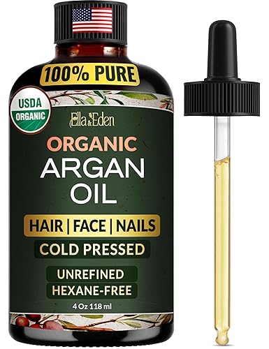 Ella & Eden Aceite de argán orgánico para cabello, cara y piel  100% puro certificado USDA prensado en frío sin refinar  Botella de vidrio - 4 onzas