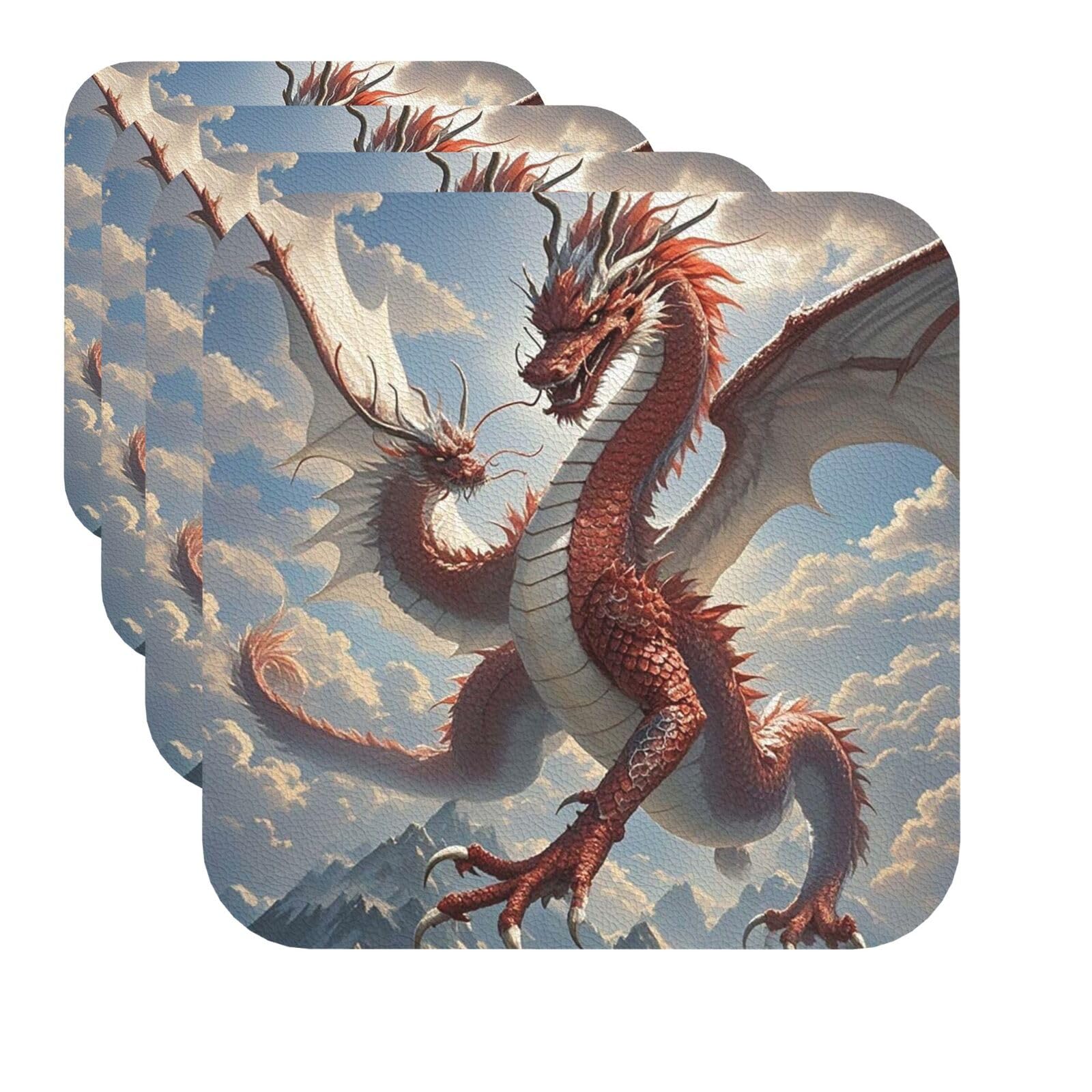 Drink Coasters Set of 4 Quick-Dry Leather Coaster Chinese Dragon Coasters for Drinks Coffee Cup Mat Tabletop Protection Heat Resistant Coaster for Kitchen Bar Office Home Decor