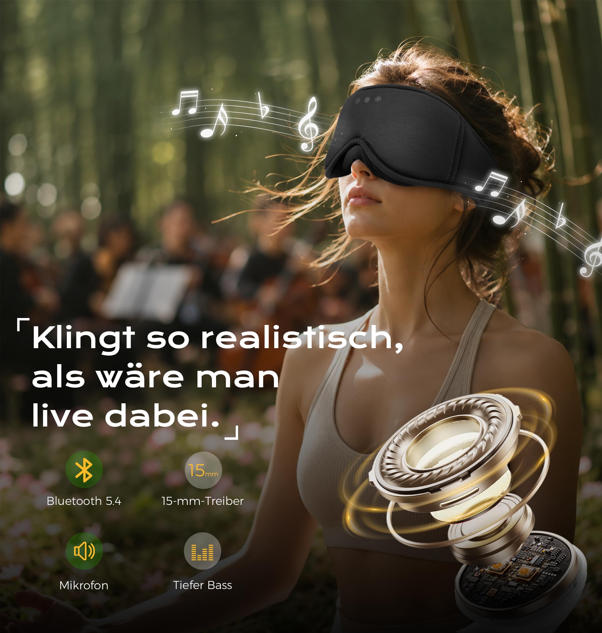 MUSICOZY Masque de sommeil avec écouteurs, 100 % ombre, 3D, masque de sommeil Bluetooth, doux, en coton de bambou bio pour voyage, relaxant, écouteurs Bluetooth 5.4