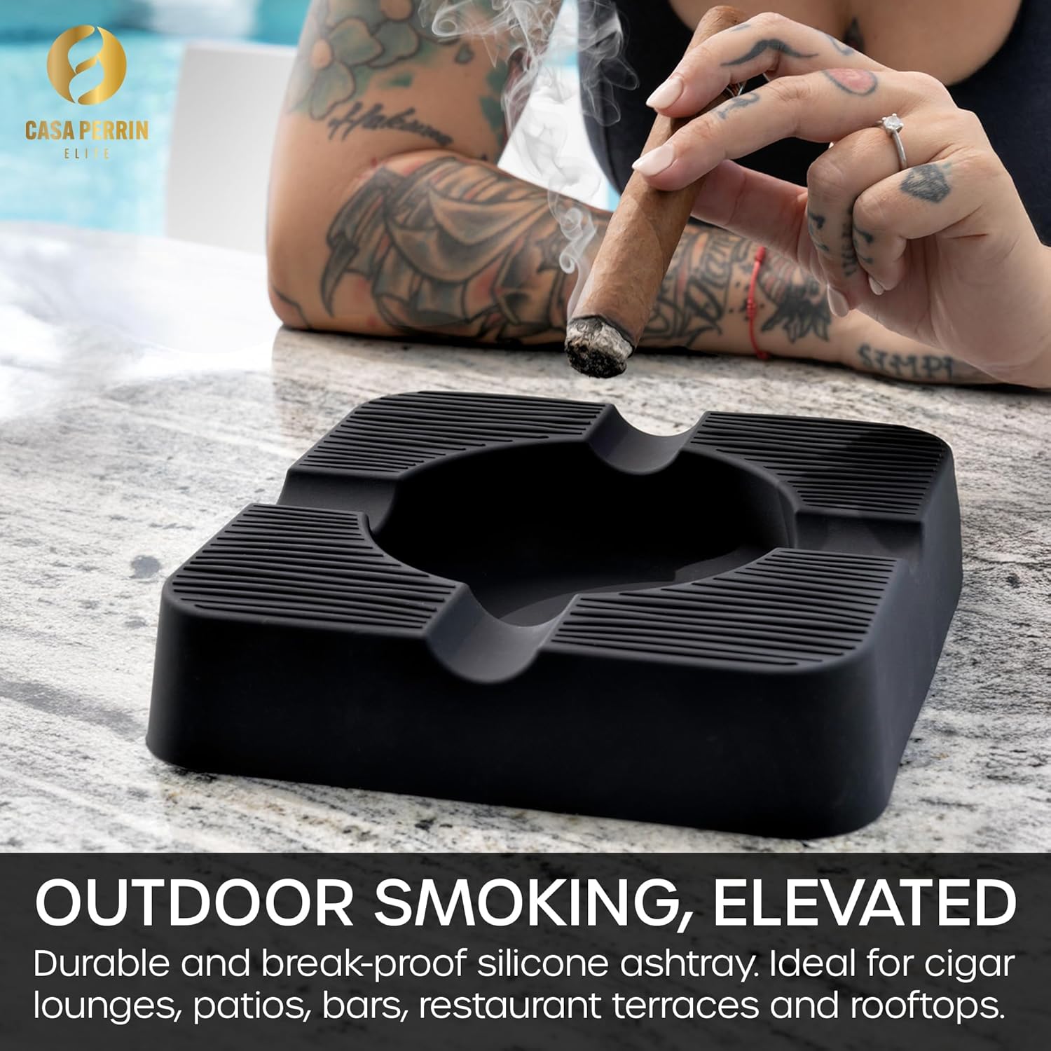 Outdoor Cigar Ashtray, Unbreakable Silicone Ashtray for Outside Patio, Pool, Restaurants, Bar, Lounge, 4 Cigar Rests, Dishwasher Safe, Home Ashtray, Giftable Box (Black)