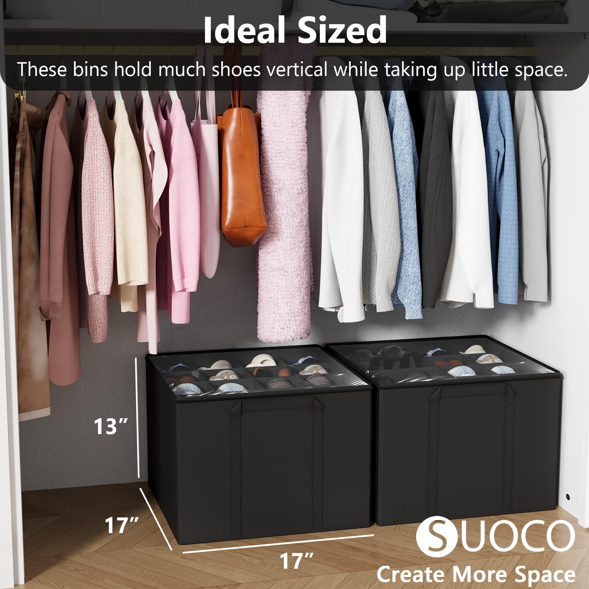 SUOCO Confezione da 2 organizer per scarpe per armadio, può contenere fino a 32 paia, piccoli contenitori per scarpe con divisori regolabili e coperchio trasparente, nero