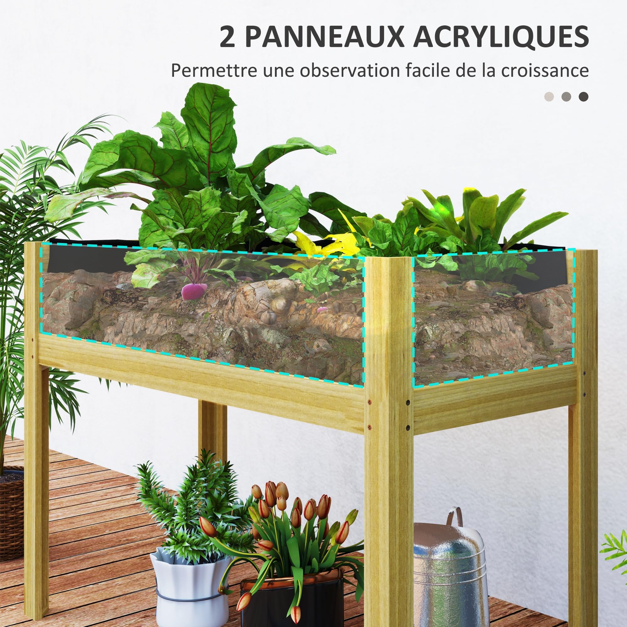 Outsunny Jardinière sur Pieds, carré Potager de Jardin sur Pieds avec Panneaux en Acrylique et Trous de Drainage, Potager surélevé en Bois pour Fleurs, Herbes, légumes, 110 x 50 x 80 cm, Bois Naturel