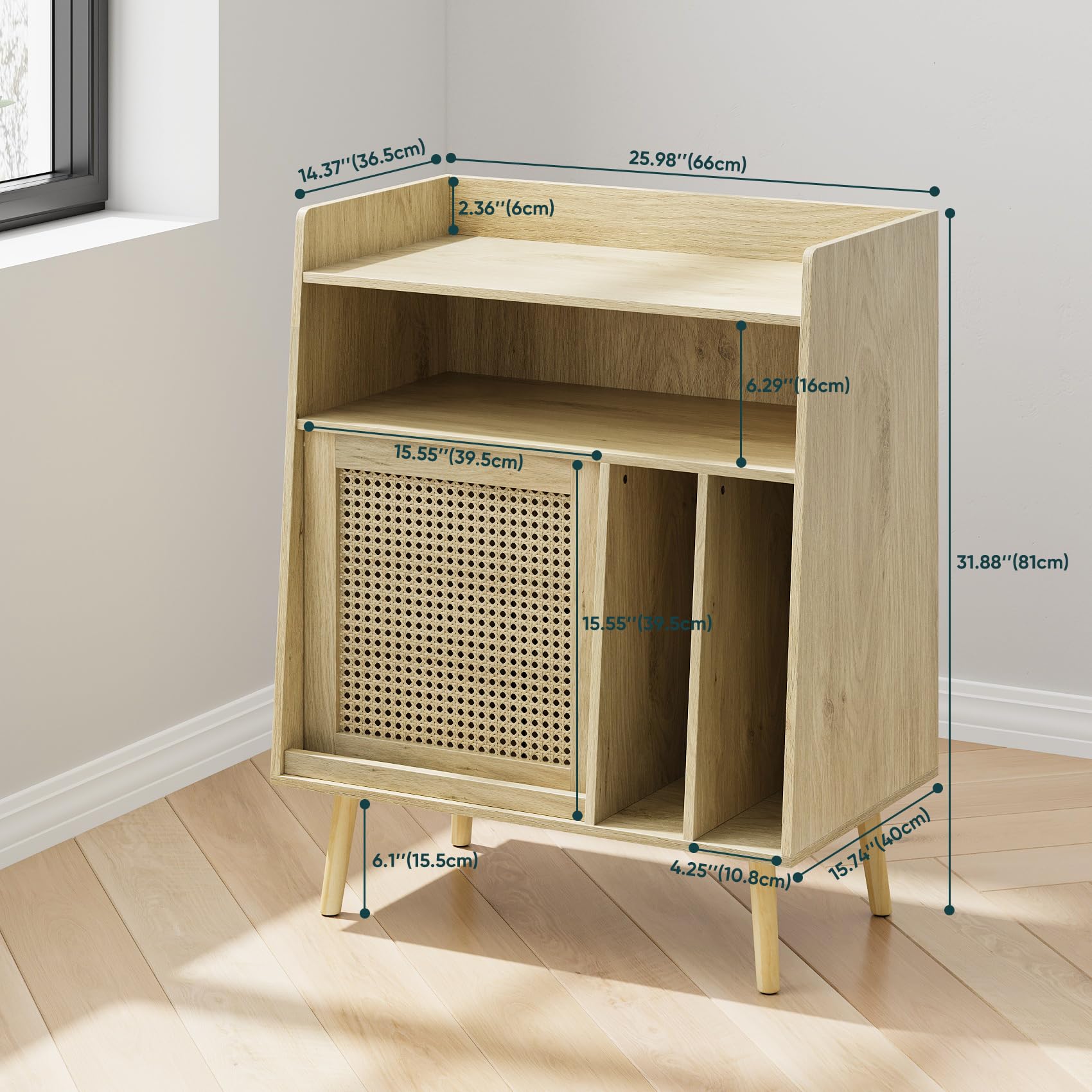 Kiasthome Schallplattenschrank, Vinyl Aufbewahrung mit Plattenspieler-Tisch für Wohnzimmer (Hellholz Rattan - Hoch)
