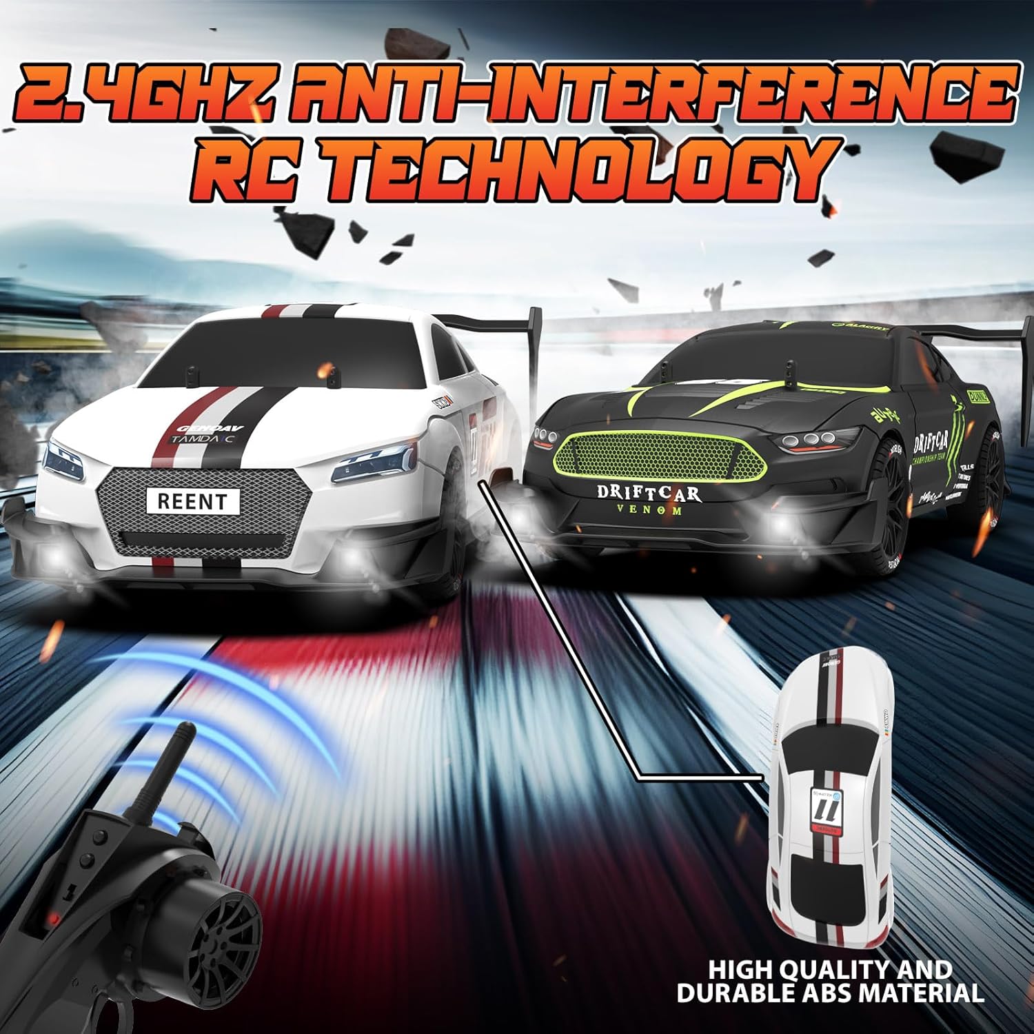 RC Drift Car 1/16 Scale 2.4Ghz 4WD Remote Control Car With Spray & Led Lights, 30+KM/H High Speed RC Drag Car, Racing Sport Toy Cars for Adults Boys Girls Kids Gift 2Pcs Rechargeable Battery