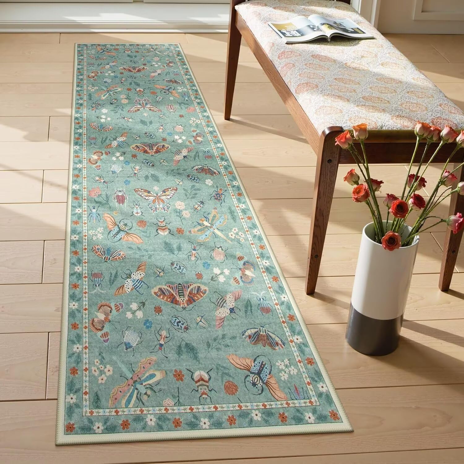 ARRITS Insect Print Runner Rug 80x240cm, Green Vintage Spring Summer Farmhouse Butterfly Washable Rug, Non Slip Soft Ultra-Thin Kitchen Runners Low Pile Carpet for Hallways Entryway Laundry Room Bath