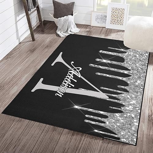 Alfombras antideslizantes de fibra de poliéster con purpurina negra plateada, para decoración del hogar, alfombra de piso para dormitorio, sala de