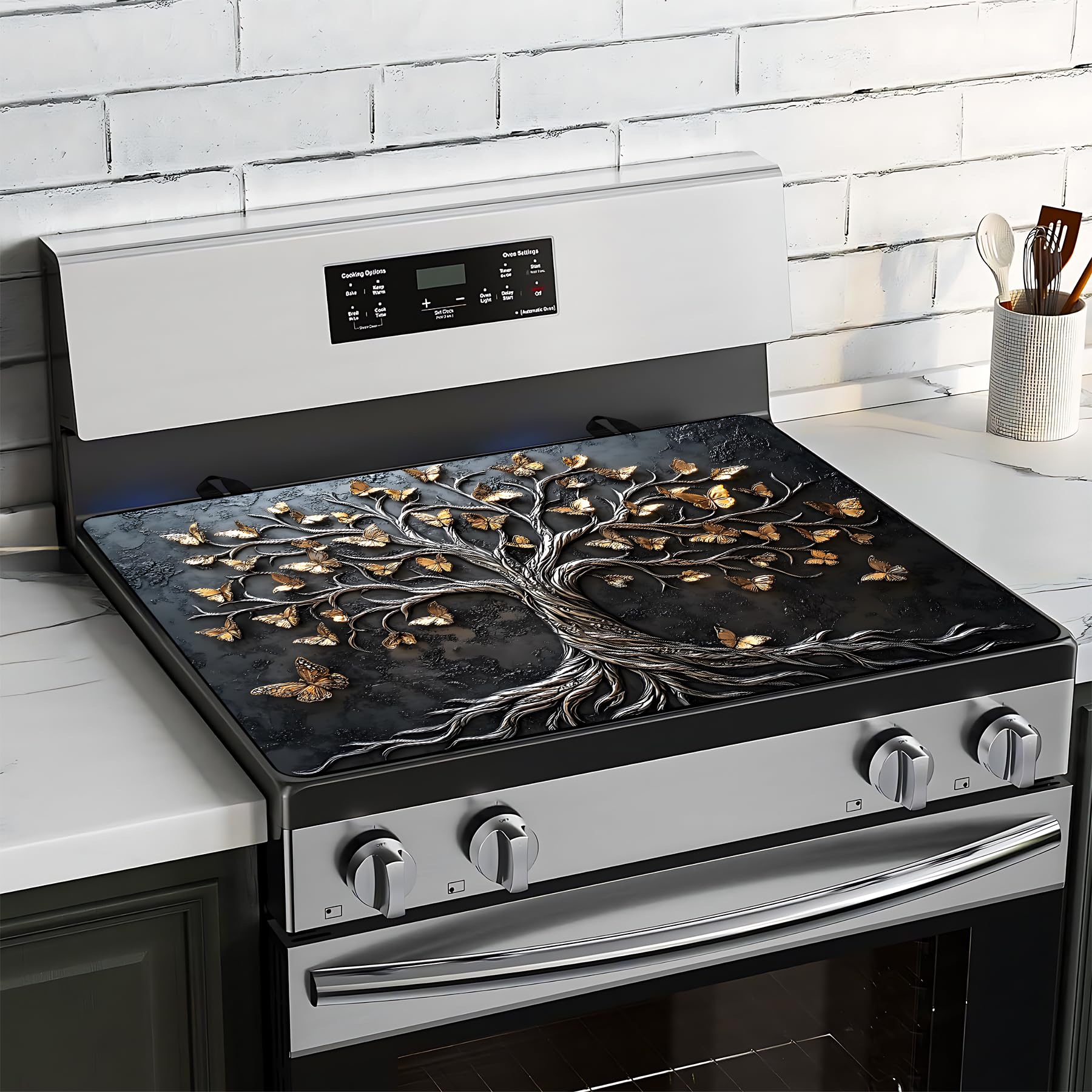 BVBOX Electric Stove Top Cover 28"x20", Glass Cooktop Protector Mat with Hanging Loops, Washable Absorbent Kitchen Dish Drying Mat for Countertop, Coffe Corner, RV