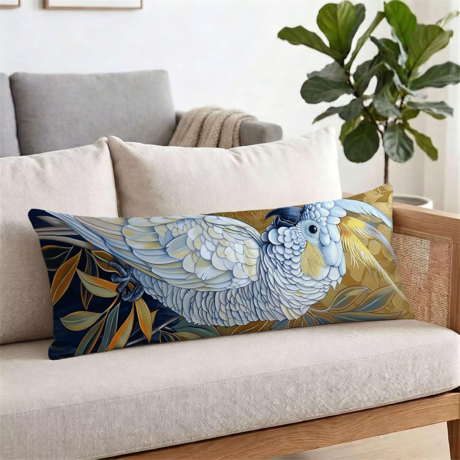 Funda de Almohada 60 x 180 cm Loro Protector Almohada 180 cm con Cremallera Invisible, Lino Durable y Transpirable Pillow Case Largas Blanco Impresión a Doble Cara para Cama, Sofá y Dormitorio dg-527