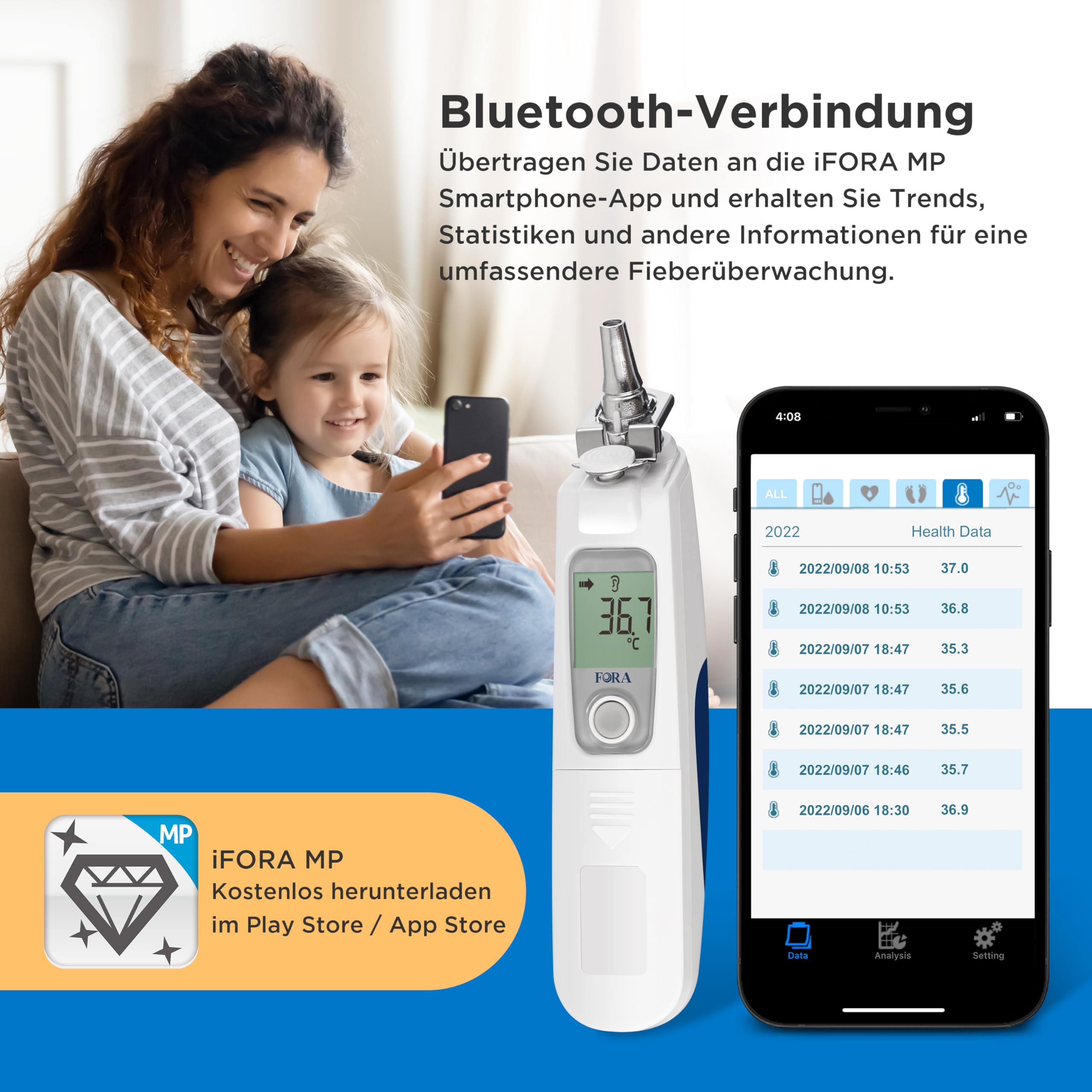 FORA IR20B Ohrthermometer mit bluetooth in medizinischer Qualität mit 16 Einmal-Schutzkappen, kleiner Eisenkopf- langlebig, Einfach zu säubern | Digitales Infrarot-Fieberthermometer mit Bluetooth, Aufbewahrungsstation, Auswurftaste, Farbanzeige und 10 Spe