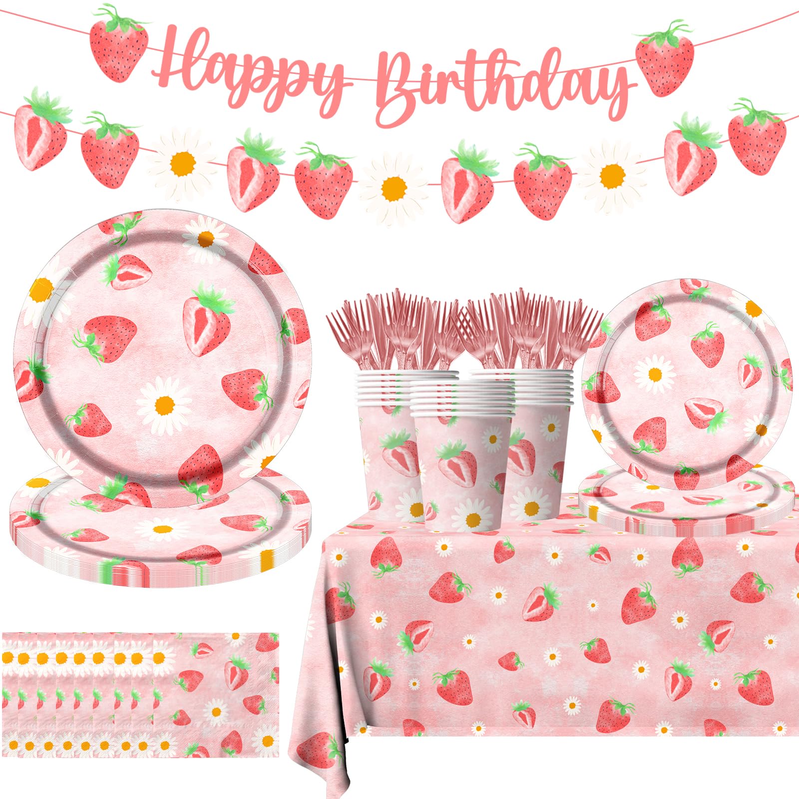 Strawberry Birthday Party Supplies - 24-Piece Tableware Set For Baby Shower & First Birthday