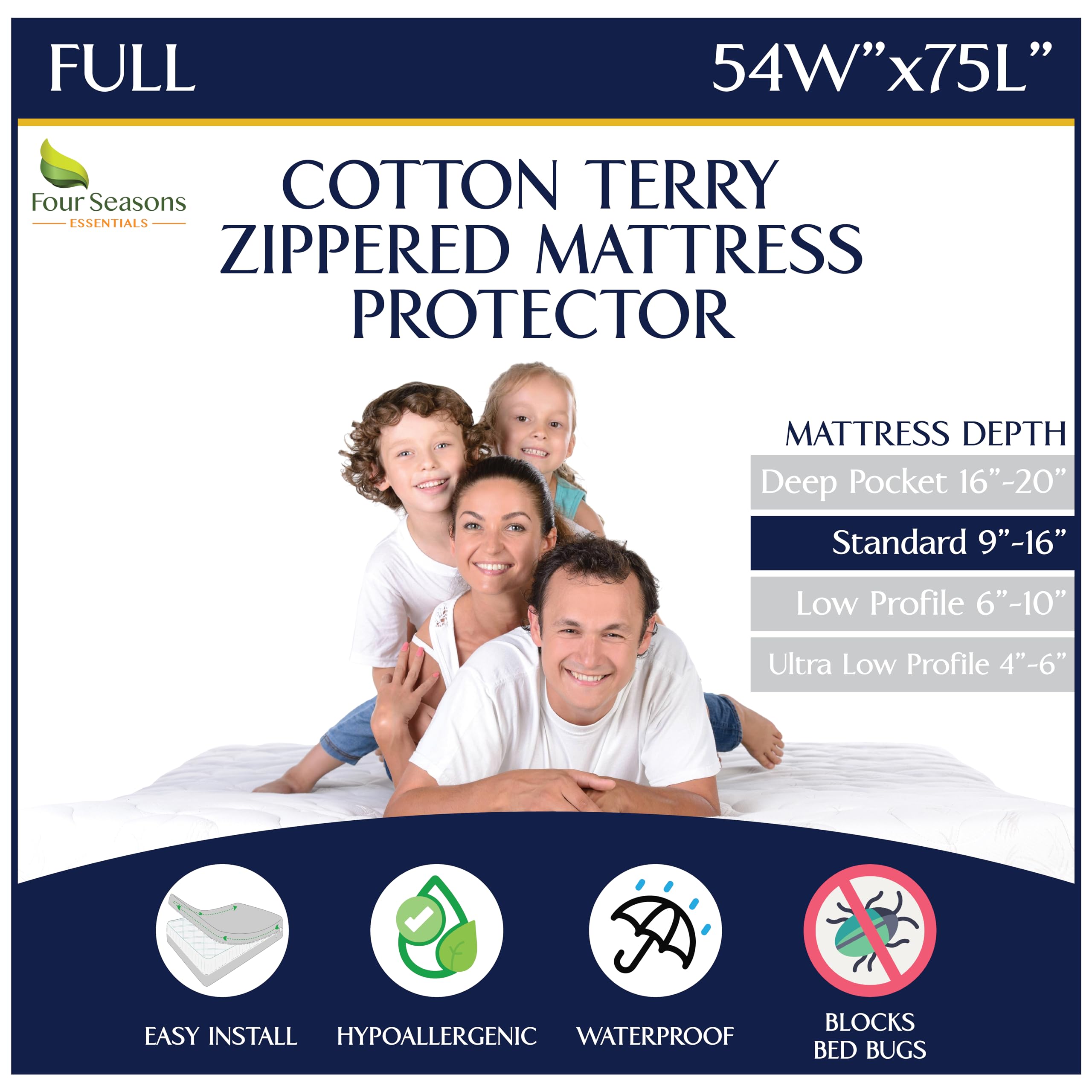 Zippered Waterproof Mattress Encasements - Hypoallergenic Mattress Protector Cover with Soft Cotton Terry Fabric Top - Full Size 54' x 75"