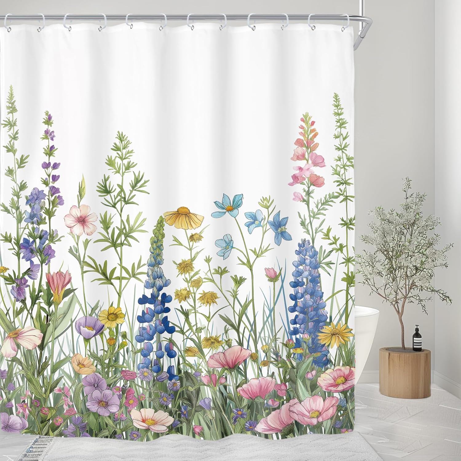 Riyidecor Bible Verse Floral Wildflower Shower Curtain for Bathroom Decor 72Wx72H Scripture Christian Positive Quotes Flower Botanical Art Printed Fabric Polyester Waterproof 12 Pack Plastic Hooks
