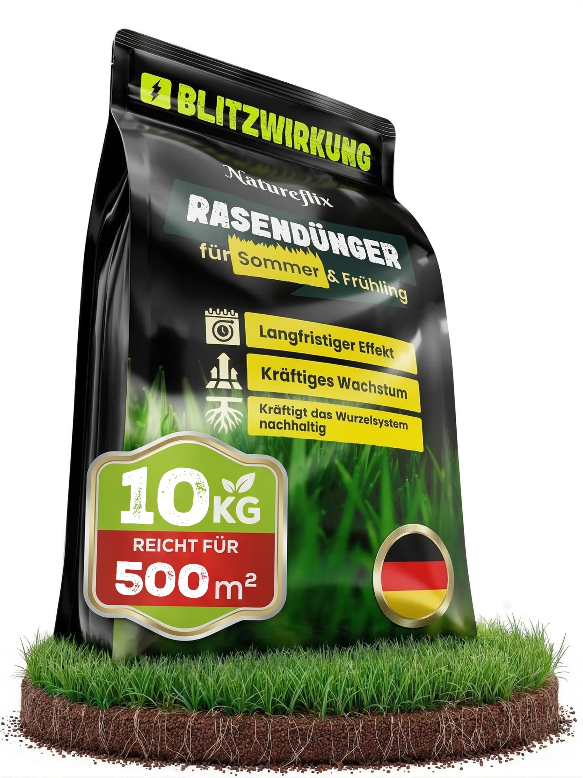 Natureflix Rasendünger 10kg für 500m² | Langzeitdünger für dichten & sattgrünen Rasen | Premium Rasen Dünger für Frühjahr & Sommer Anwendung | Tierfreundlicher NPK Dünger