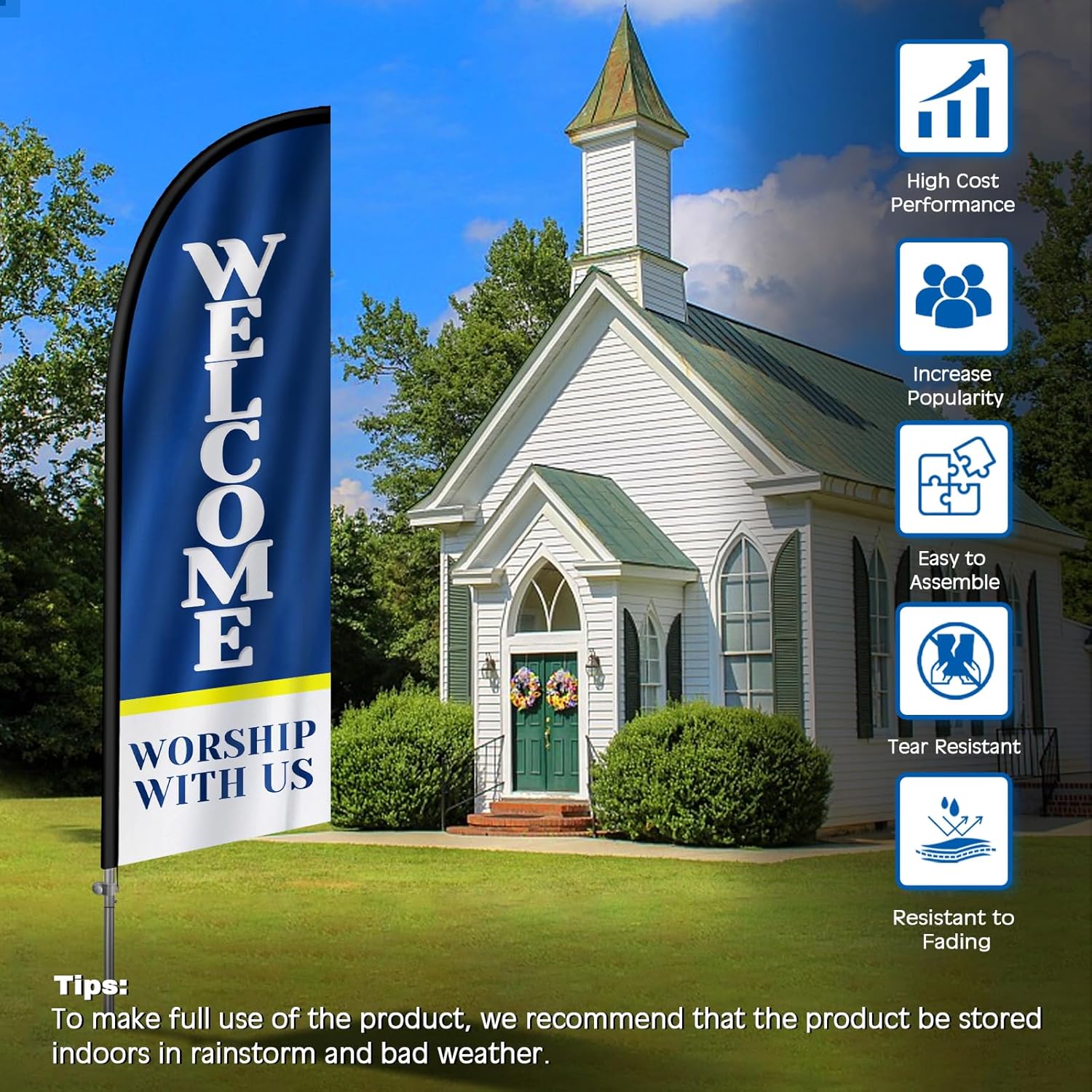 Welcome Religion Feather Flag, 8FT Church Welcome Flag Signs Banner, Eye Catching Business Flag with Stainless Steel Flagpole, Ground Stake for Church Advertising