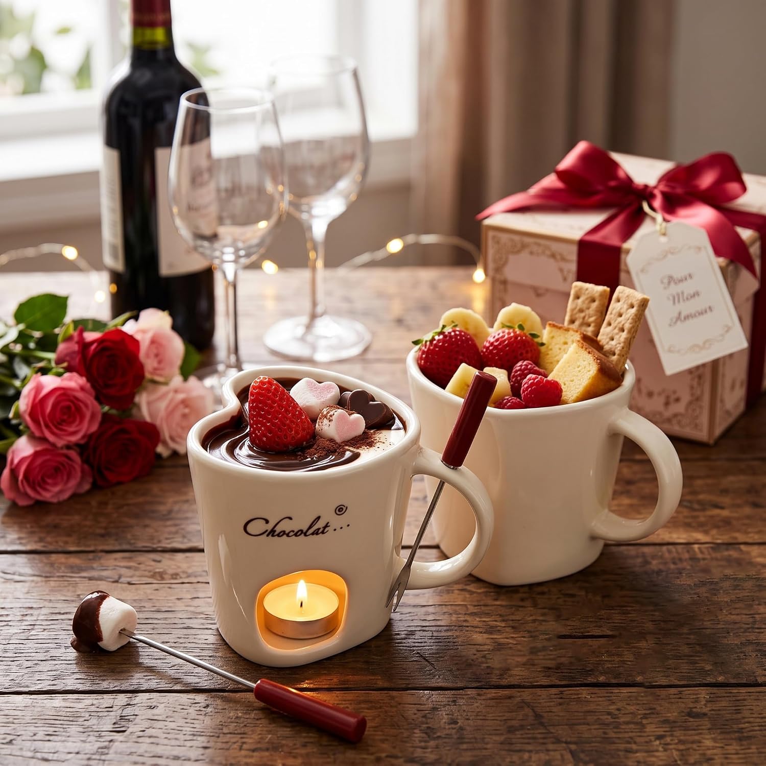 Chocolate Melting Cup with Fork, Heart-Shaped Ceramic Mini Fondue Pot